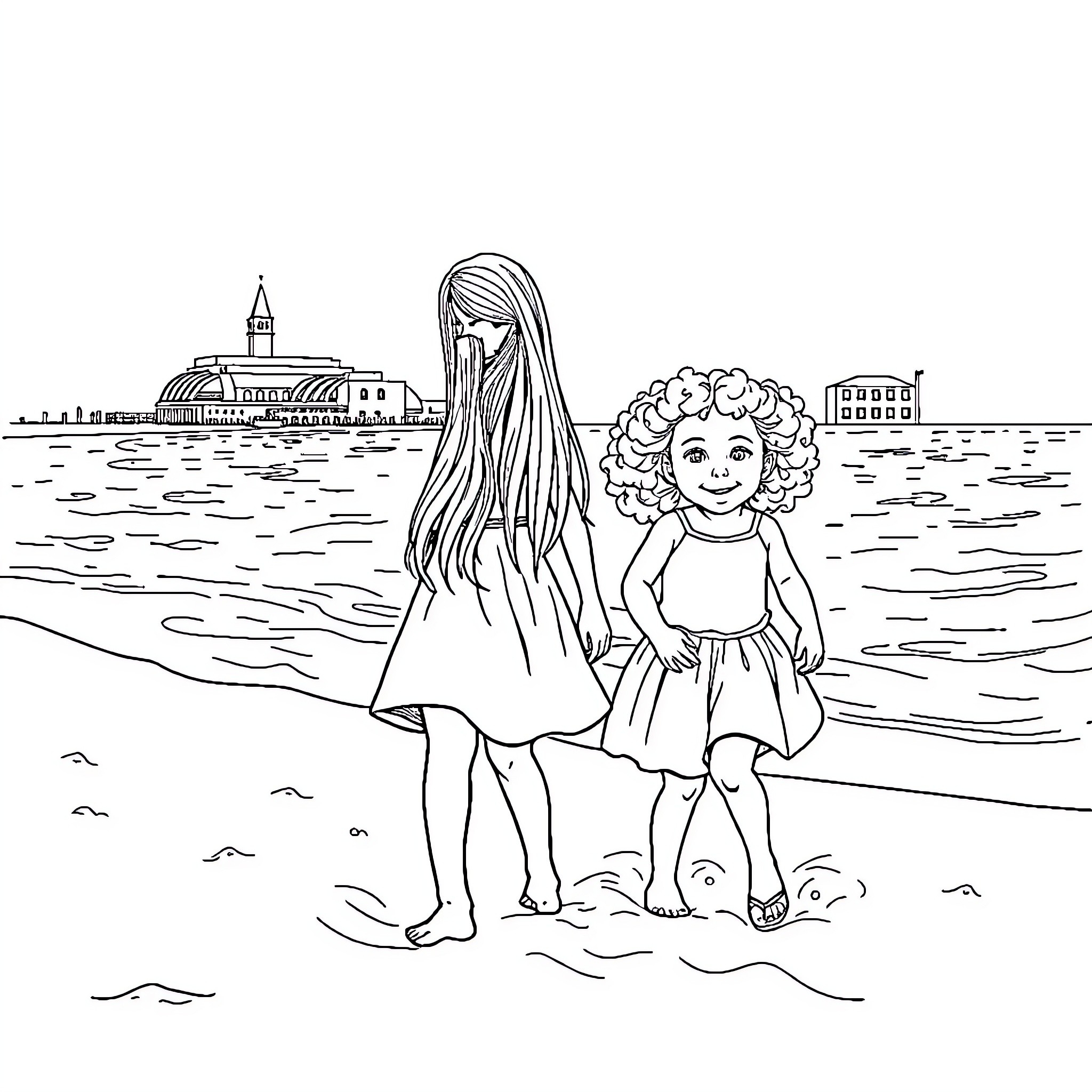 Sister friends enjoy a day at the beach Coloring Page (free black-and-white line drawing printable PDF for all, from beginners to advanced learners, including children, teens, adults, and seniors)