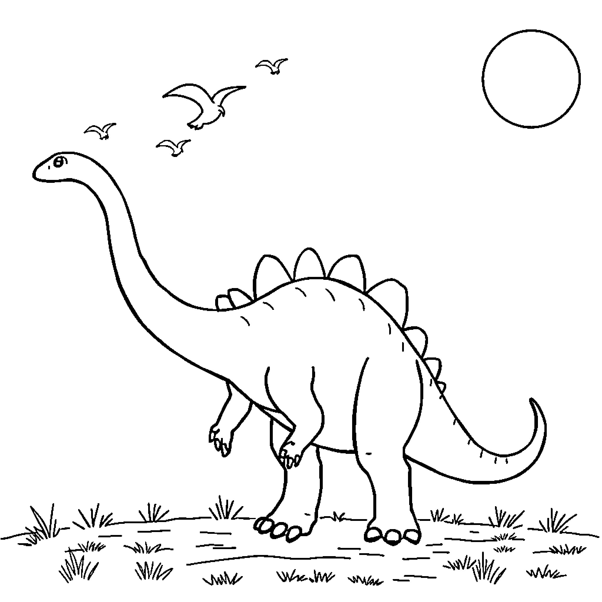 Dinosaur strolling in a peaceful landscape Coloring Page (free black-and-white line drawing printable PDF for all, from beginners to advanced learners, including children, teens, adults, and seniors)