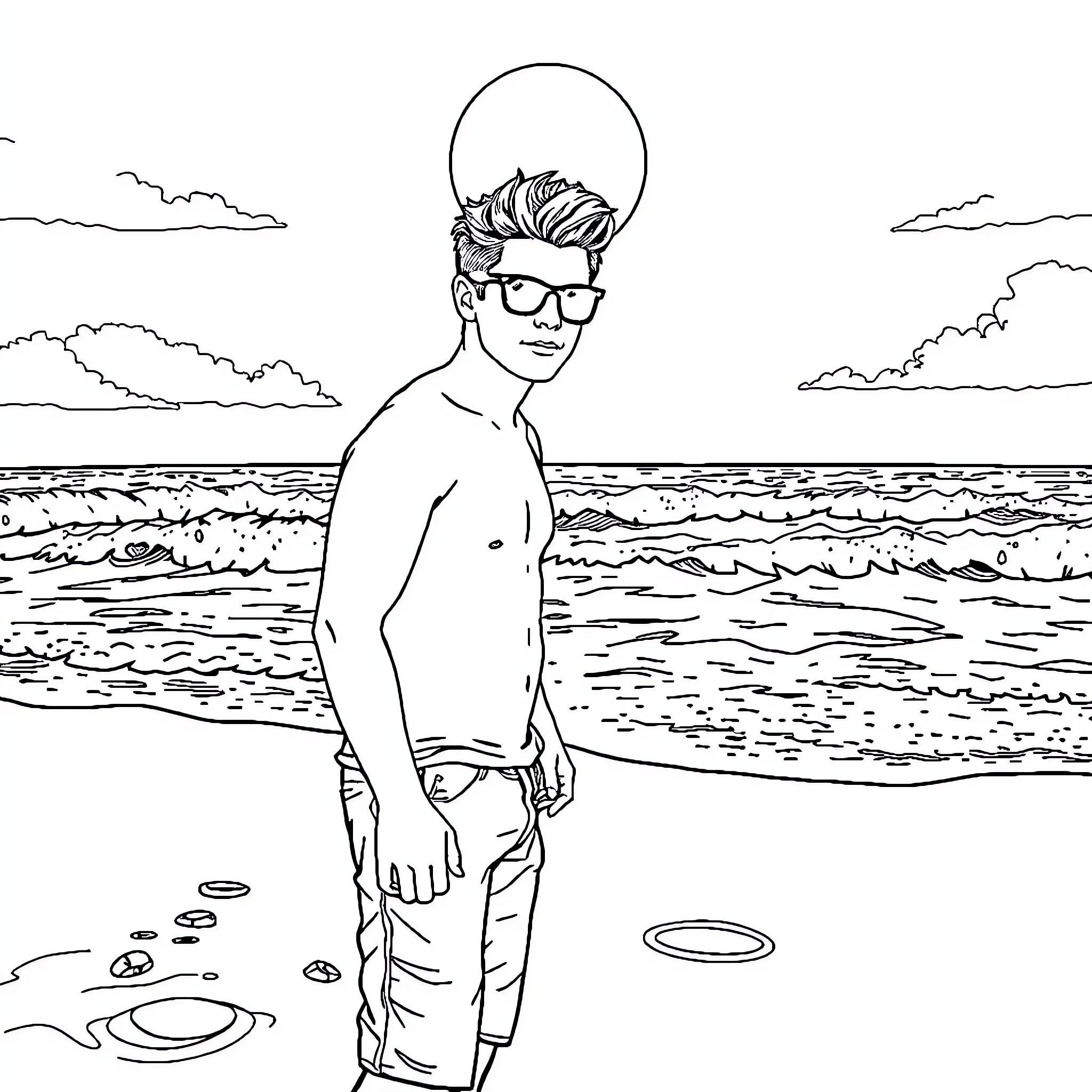 Zac Efron enjoying a sunny day at the beach Coloring Page (free black-and-white line drawing printable PDF for all, from beginners to advanced learners, including children, teens, adults, and seniors)