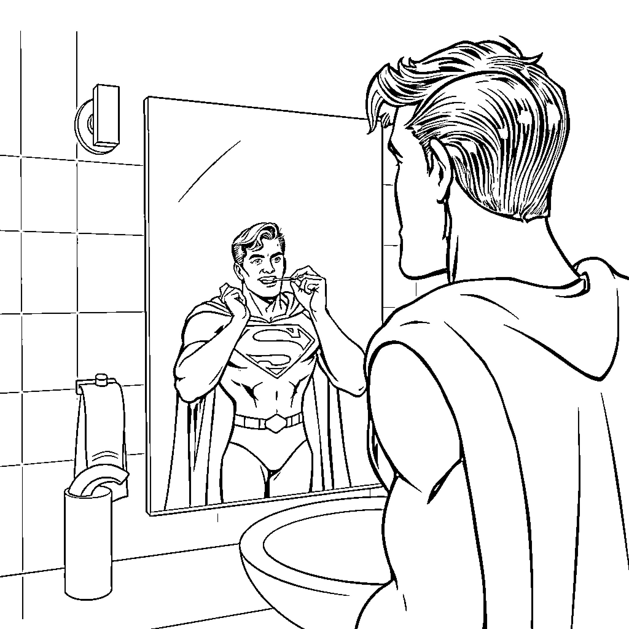 Superman looking at himself in the mirror Coloring Page (free black-and-white line drawing printable PDF for all, from beginners to advanced learners, including children, teens, adults, and seniors)