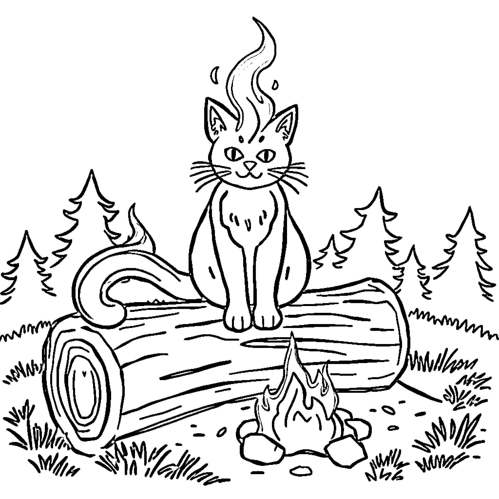 Fire Cat Sitting on a Log in the Forest Coloring Page (free black-and-white line drawing printable PDF for all, from beginners to advanced learners, including children, teens, adults, and seniors)