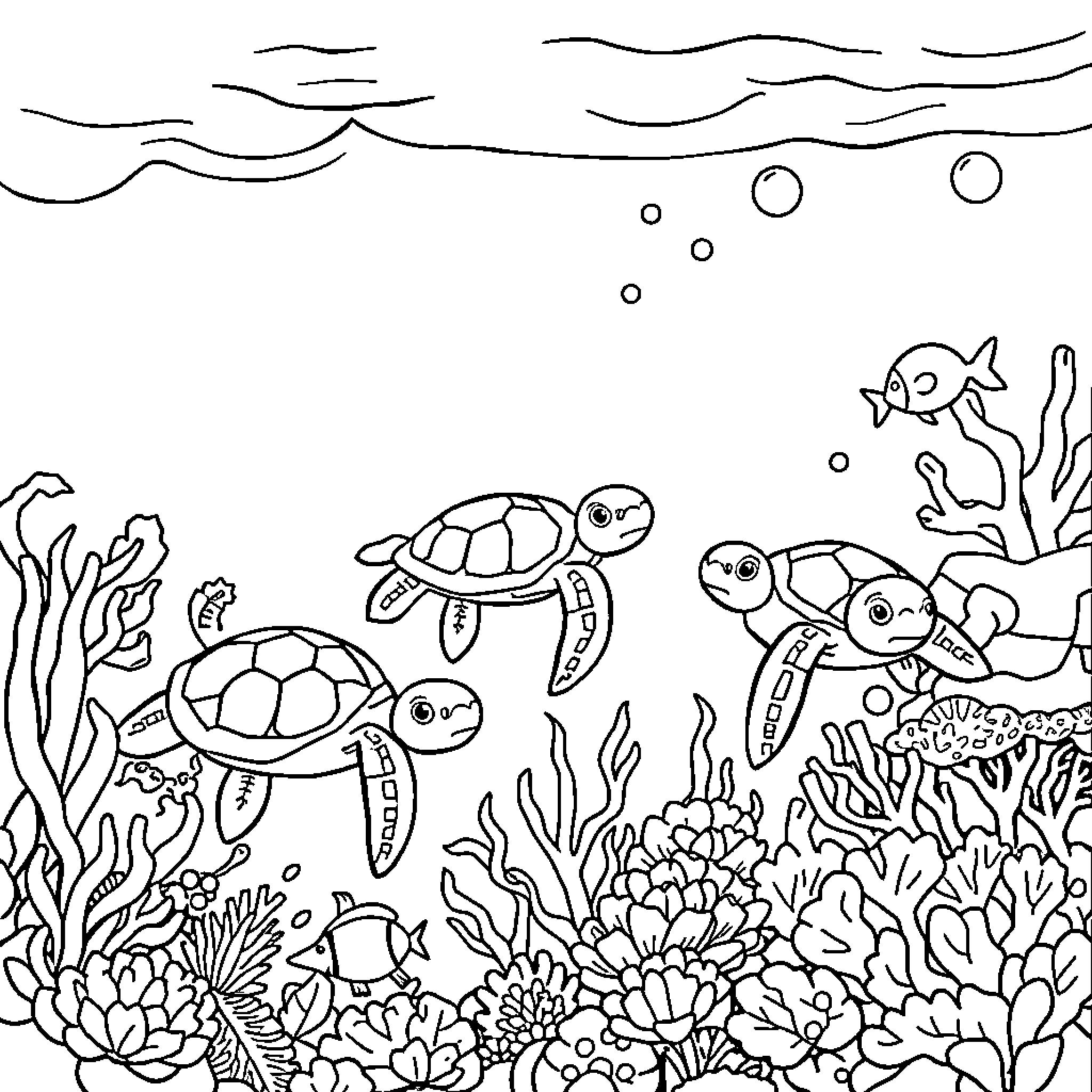 Sea Turtle Gathering in Underwater Coral Reef Coloring Page (free black-and-white line drawing printable PDF for all, from beginners to advanced learners, including children, teens, adults, and seniors)