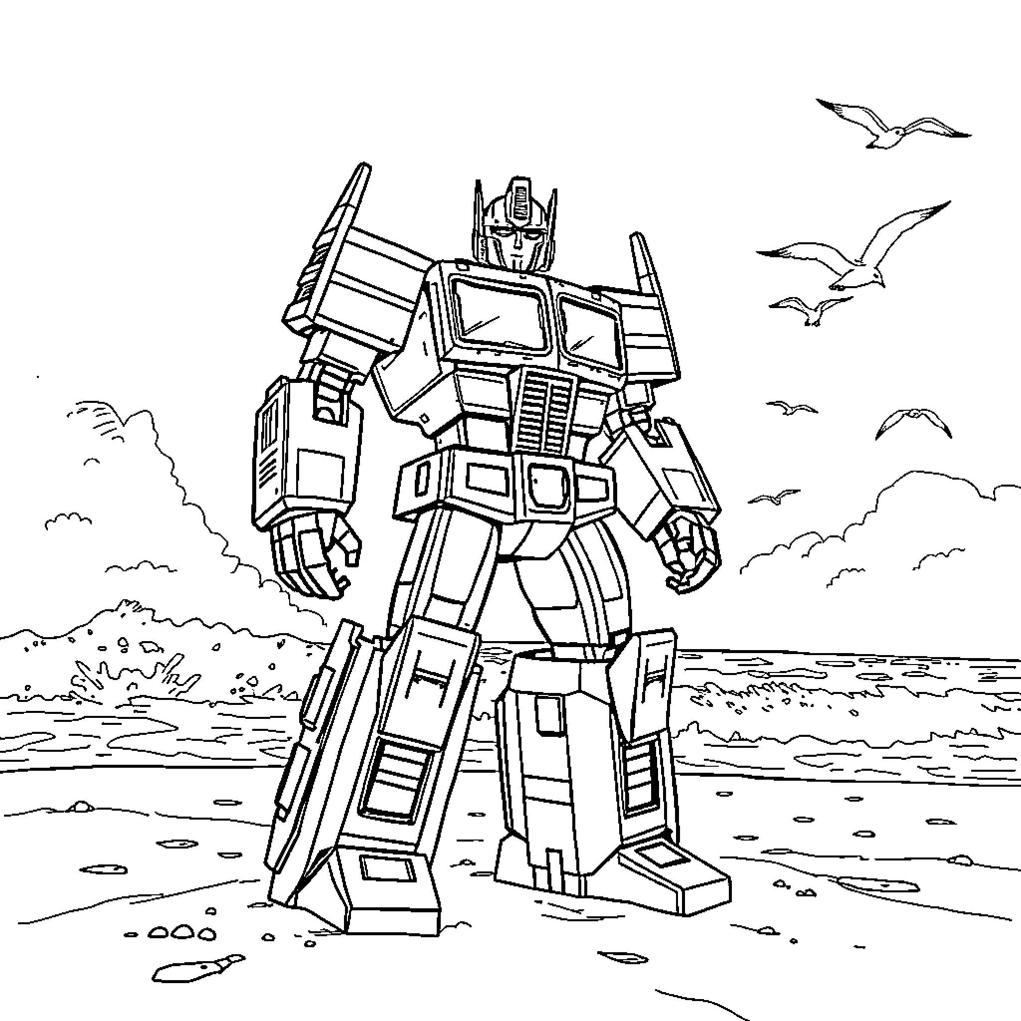 Optimus Prime heroic pose on the beach Coloring Page (free black-and-white line drawing printable PDF for all, from beginners to advanced learners, including children, teens, adults, and seniors)
