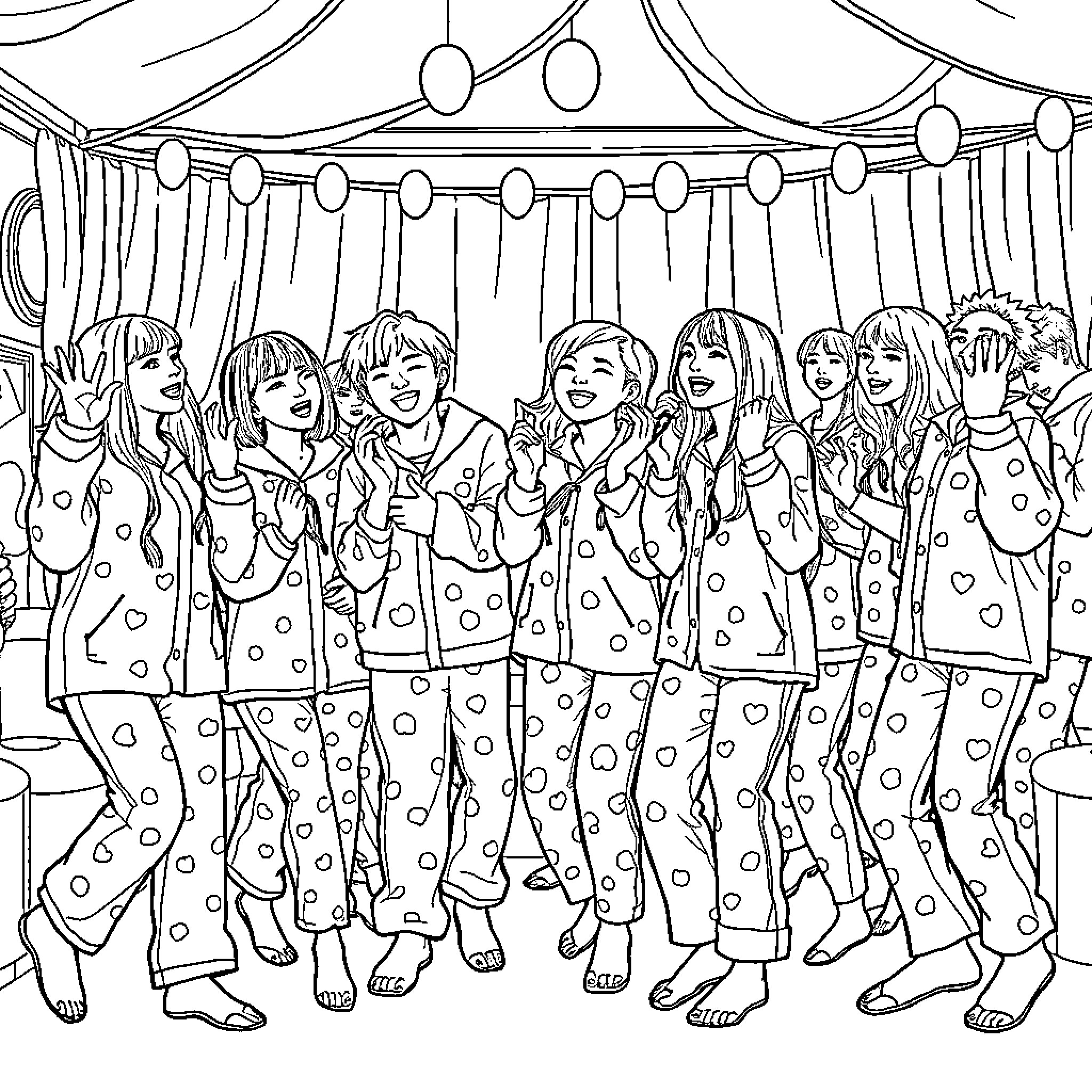 K-pop Hunter: Aspiring Performers in Spotlights Coloring Page (free black-and-white line drawing printable PDF for all, from beginners to advanced learners, including children, teens, adults, and seniors)