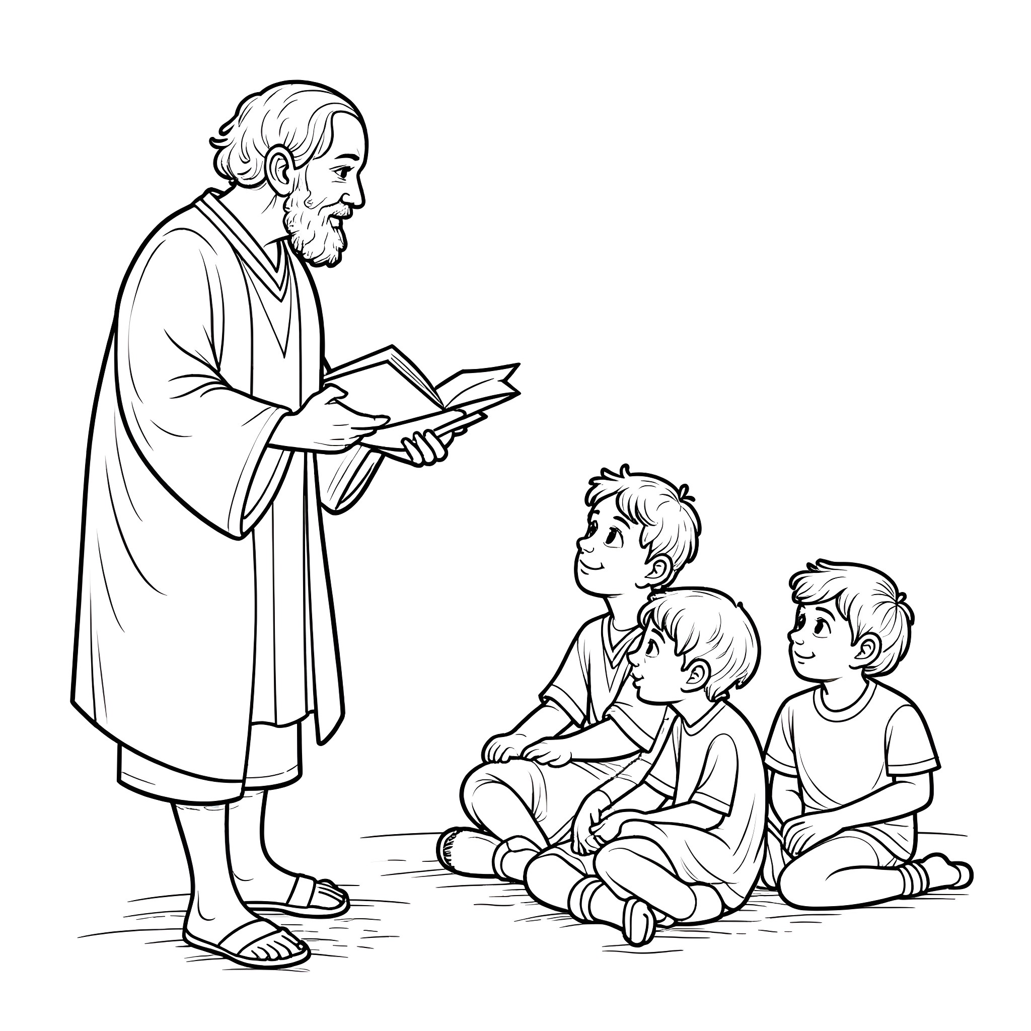 Story of an elder teaching young children Coloring Page (free black-and-white line drawing printable PDF for all, from beginners to advanced learners, including children, teens, adults, and seniors)