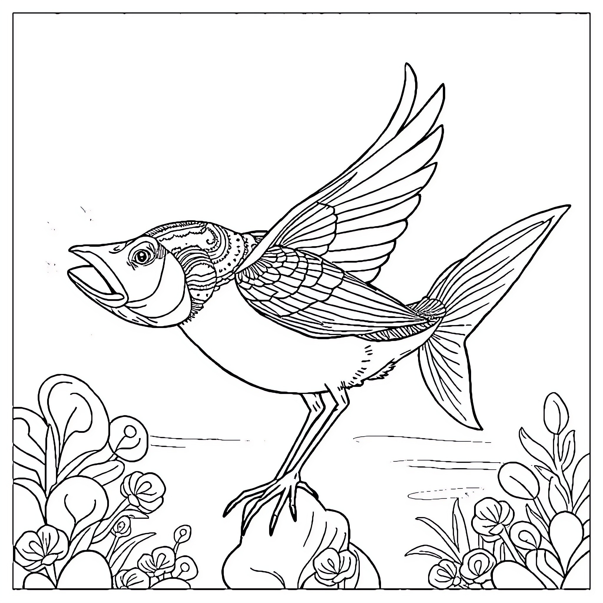 Kingfisher soaring gracefully over underwater flora Coloring Page (free black-and-white line drawing printable PDF for all, from beginners to advanced learners, including children, teens, adults, and seniors)