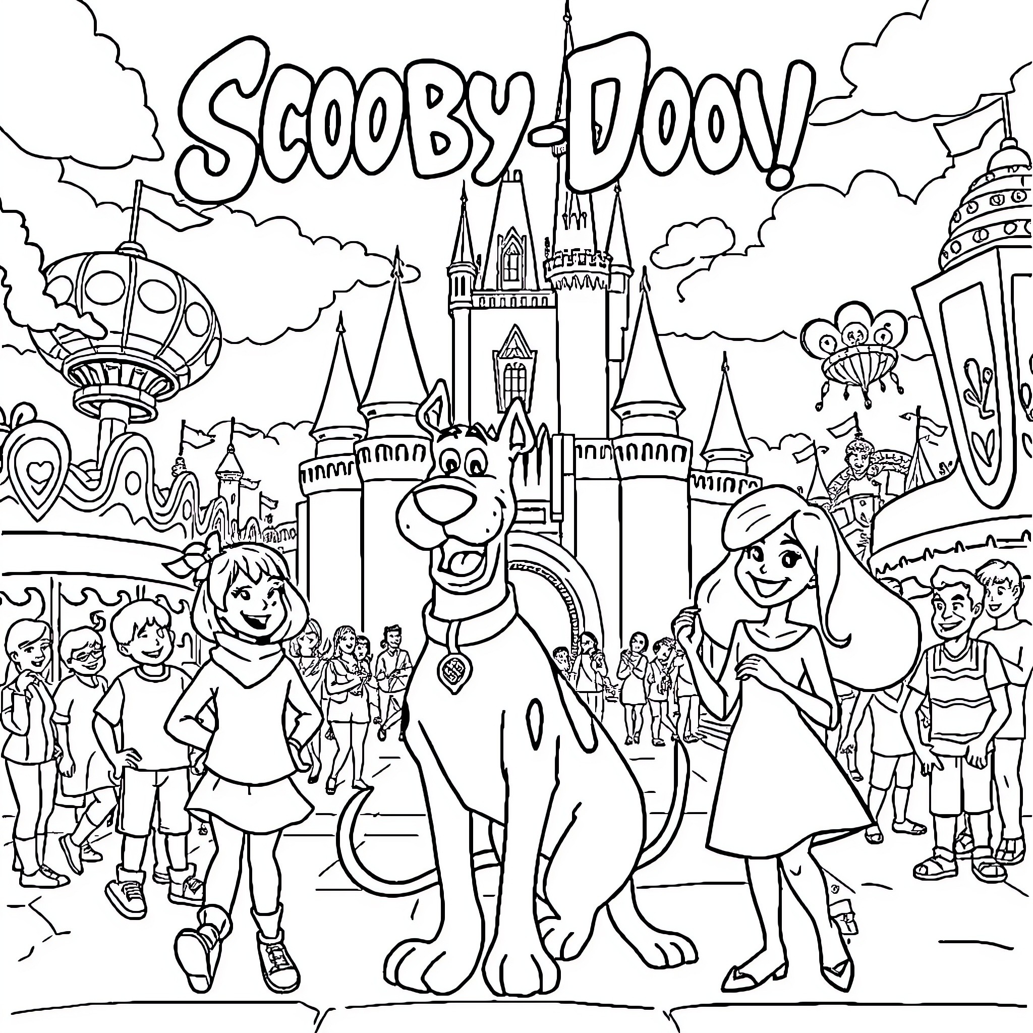 Scooby-Doo's adventure in a whimsical amusement park Coloring Page (free black-and-white line drawing printable PDF for all, from beginners to advanced learners, including children, teens, adults, and seniors)