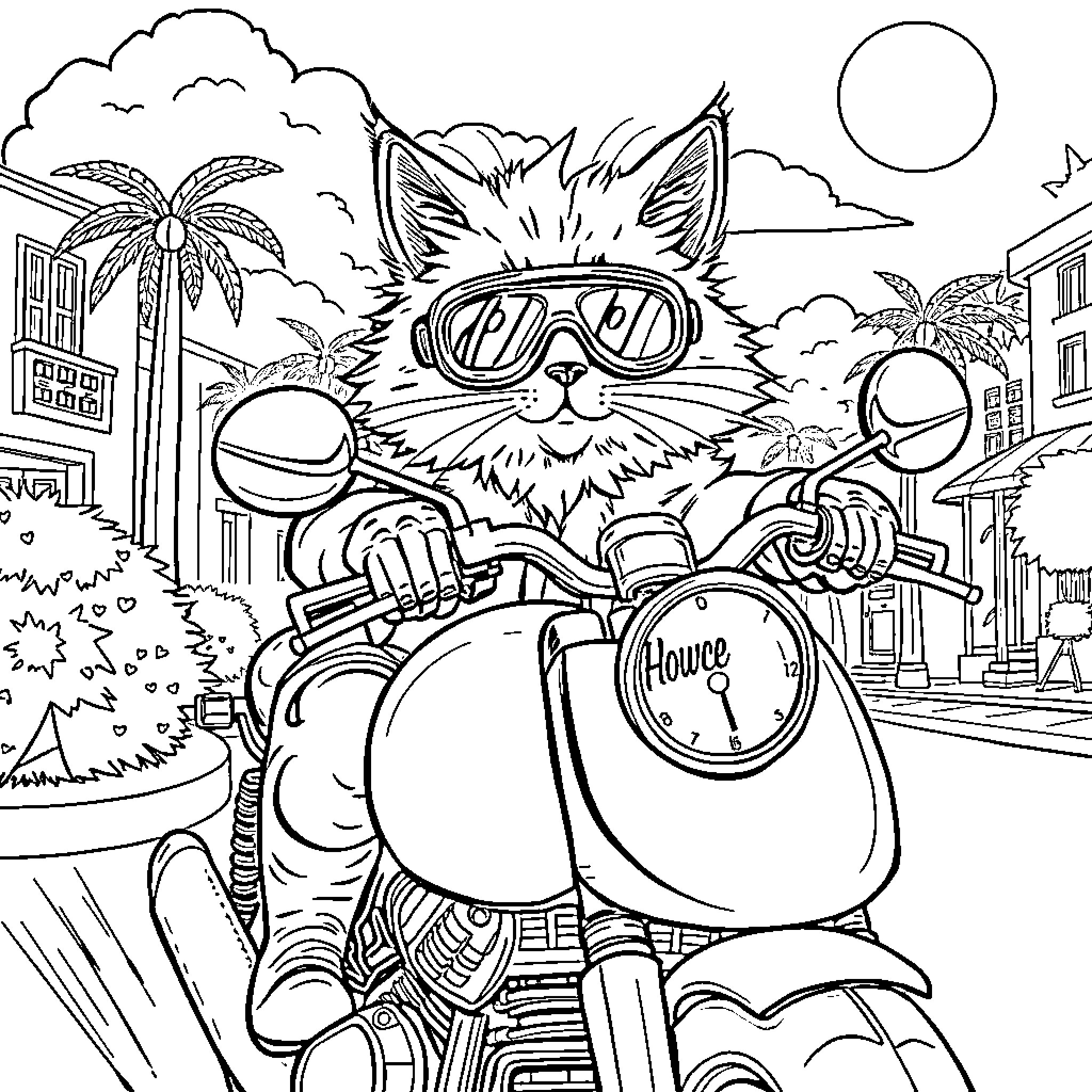 Cat on Motorcycle in the City Coloring Page (free black-and-white line drawing printable PDF for all, from beginners to advanced learners, including children, teens, adults, and seniors)