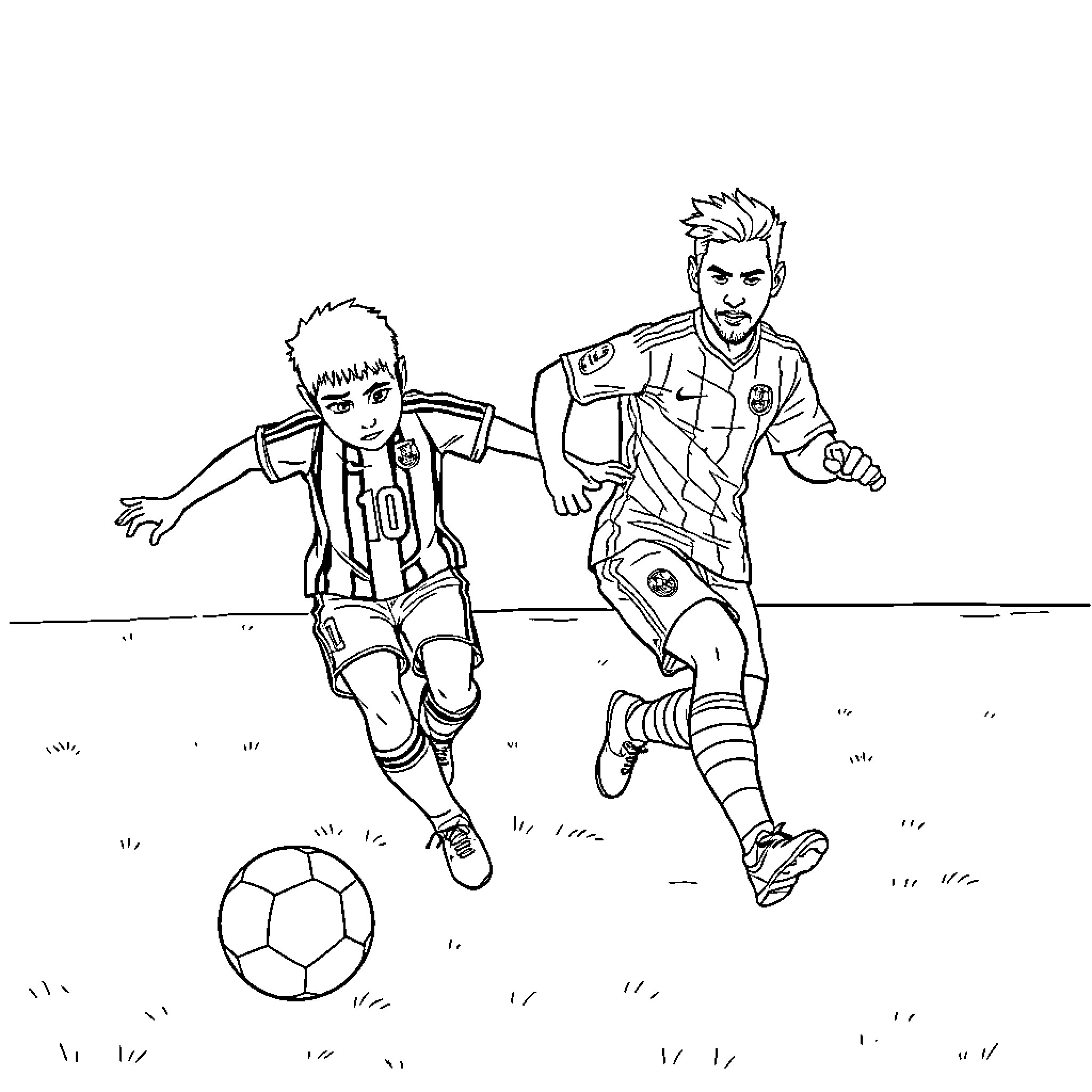 Tanjiro and friend playing soccer enthusiastically Coloring Page (free black-and-white line drawing printable PDF for all, from beginners to advanced learners, including children, teens, adults, and seniors)