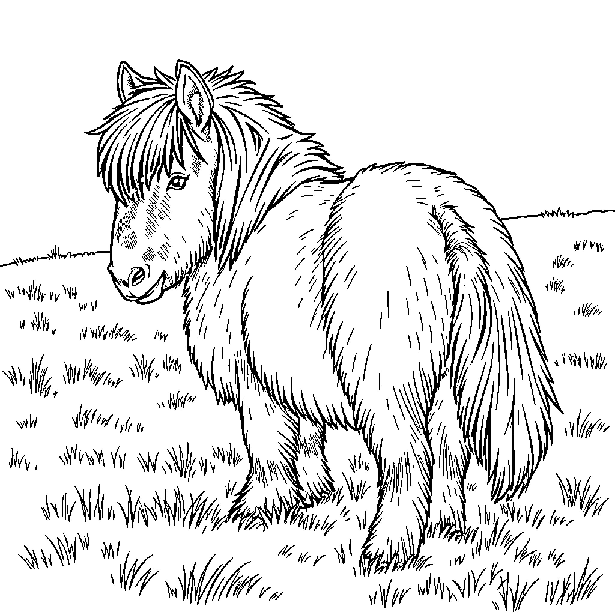 Shetland Pony standing in grassy field Coloring Page (free black-and-white line drawing printable PDF for all, from beginners to advanced learners, including children, teens, adults, and seniors)