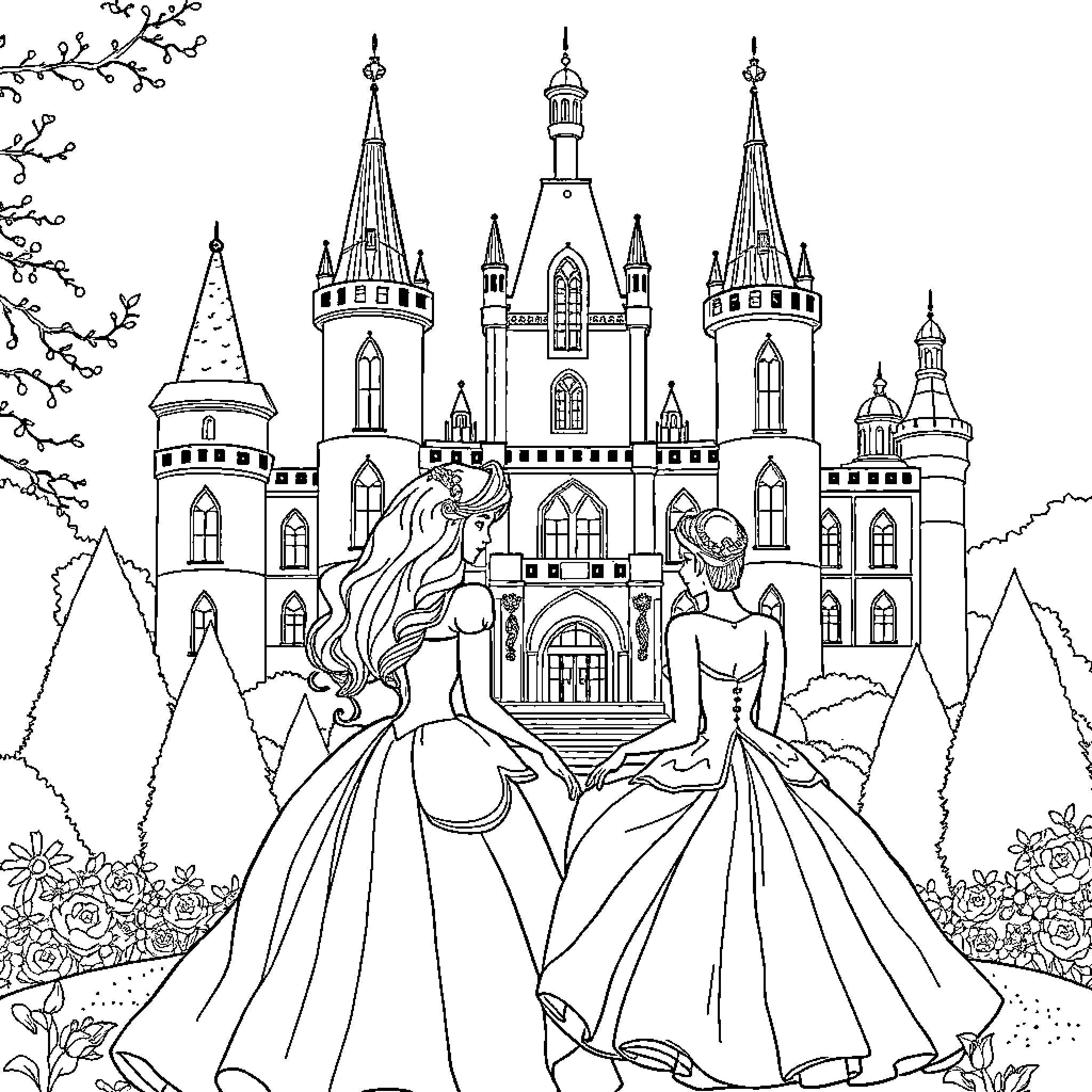 Princess Dancing with Companion in Enchanting Castle Coloring Page (free black-and-white line drawing printable PDF for all, from beginners to advanced learners, including children, teens, adults, and seniors)
