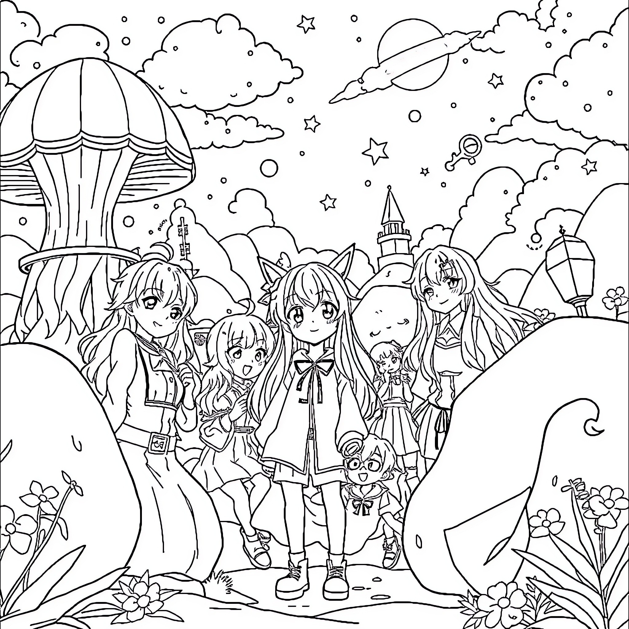 Anime Characters Exploring a Fantastical Landscape Coloring Page (free black-and-white line drawing printable PDF for all, from beginners to advanced learners, including children, teens, adults, and seniors)