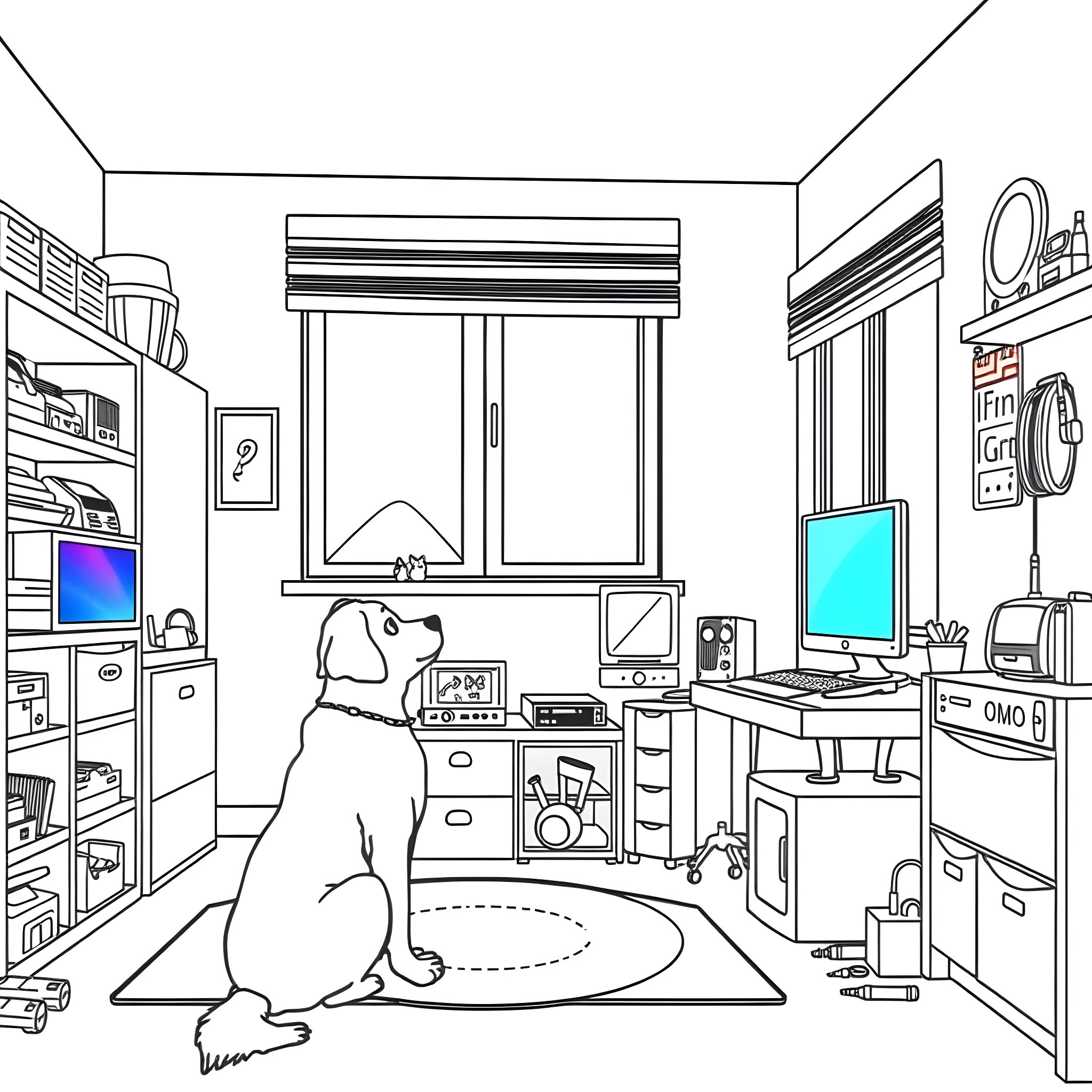 Dog exploring a cozy home office Coloring Page (free black-and-white line drawing printable PDF for all, from beginners to advanced learners, including children, teens, adults, and seniors)
