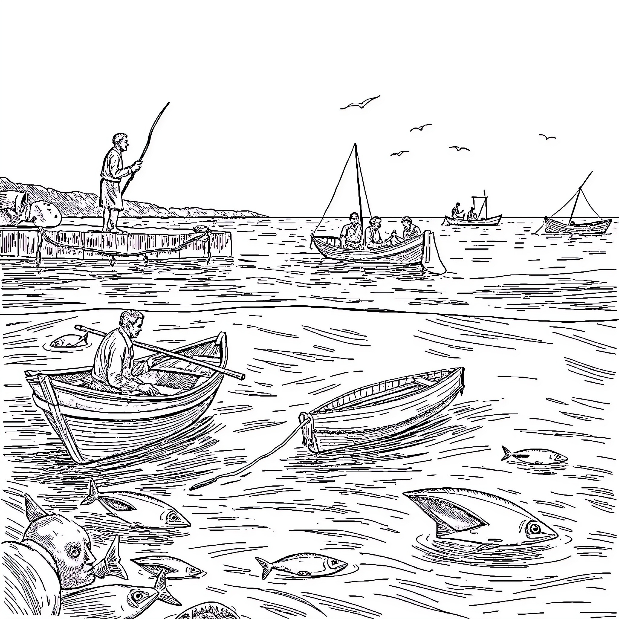 Fisherman casting line in serene waterfront scene Coloring Page (free black-and-white line drawing printable PDF for all, from beginners to advanced learners, including children, teens, adults, and seniors)