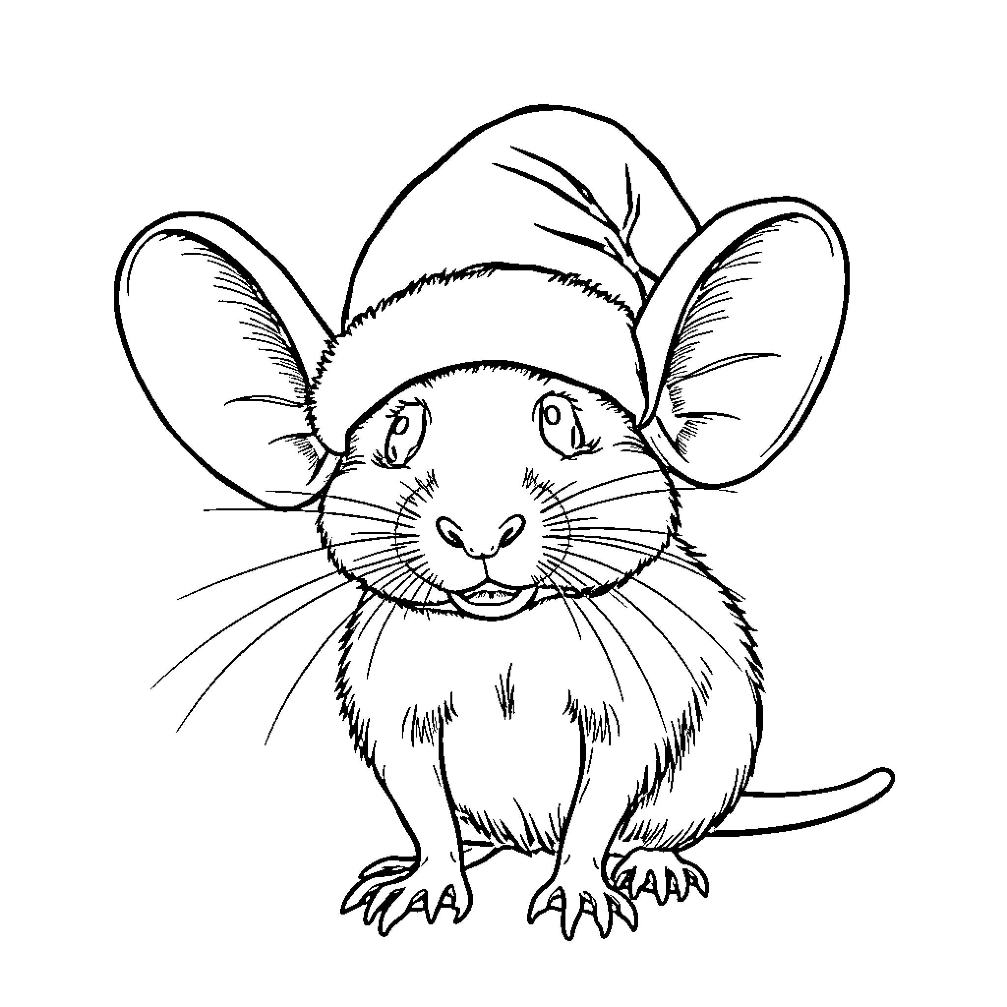Rat wearing a hat and looking curious Coloring Page (free black-and-white line drawing printable PDF for all, from beginners to advanced learners, including children, teens, adults, and seniors)