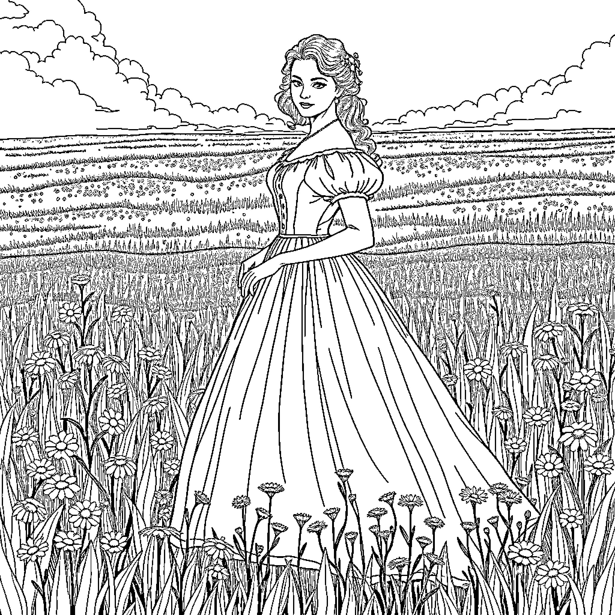 Woman standing in a serene field of flowers Coloring Page (free black-and-white line drawing printable PDF for all, from beginners to advanced learners, including children, teens, adults, and seniors)