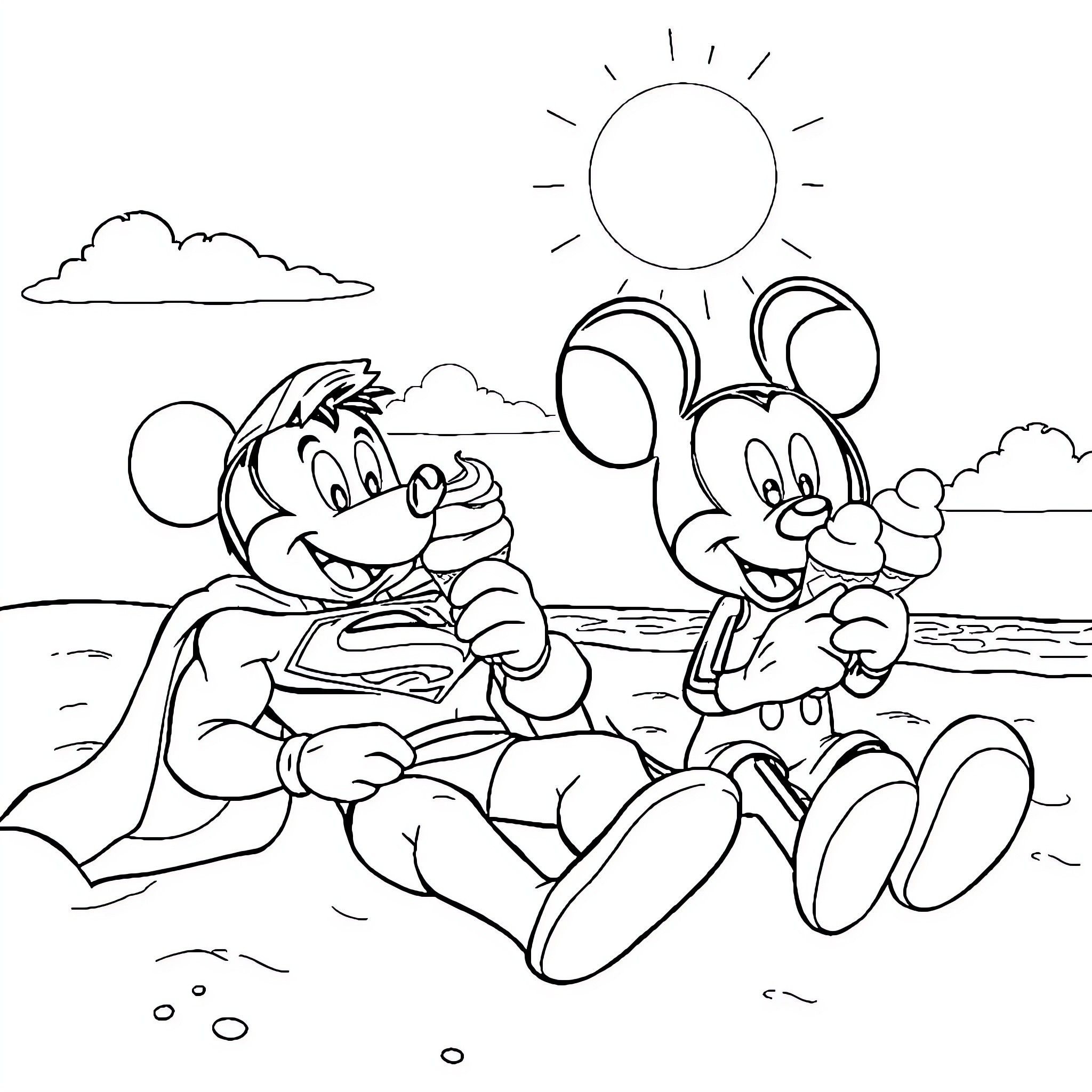Superman and Mickey Mouse enjoying a sunny day at the beach Coloring Page (free black-and-white line drawing printable PDF for all, from beginners to advanced learners, including children, teens, adults, and seniors)
