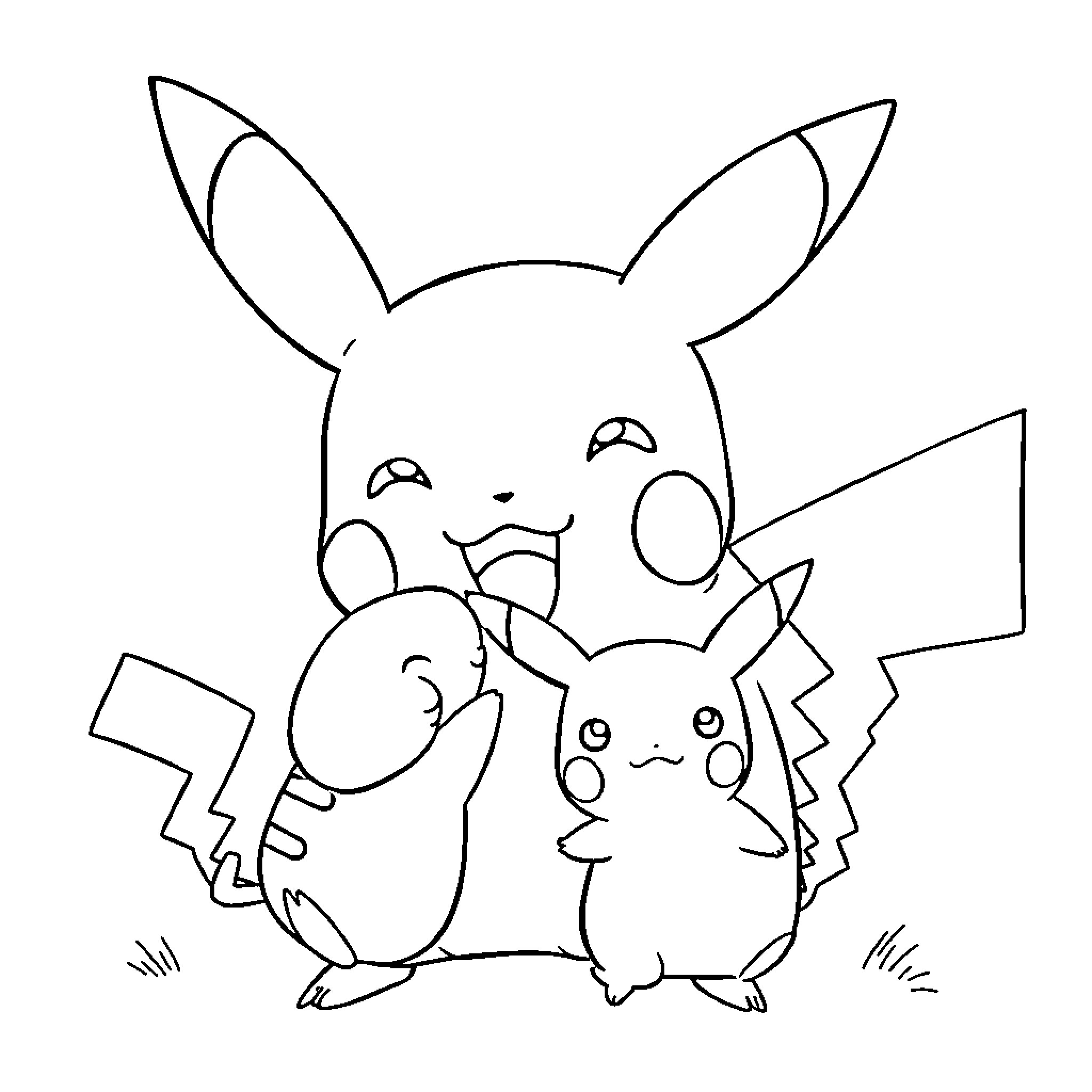 Pikachu and friends having a playful moment Coloring Page (free black-and-white line drawing printable PDF for all, from beginners to advanced learners, including children, teens, adults, and seniors)