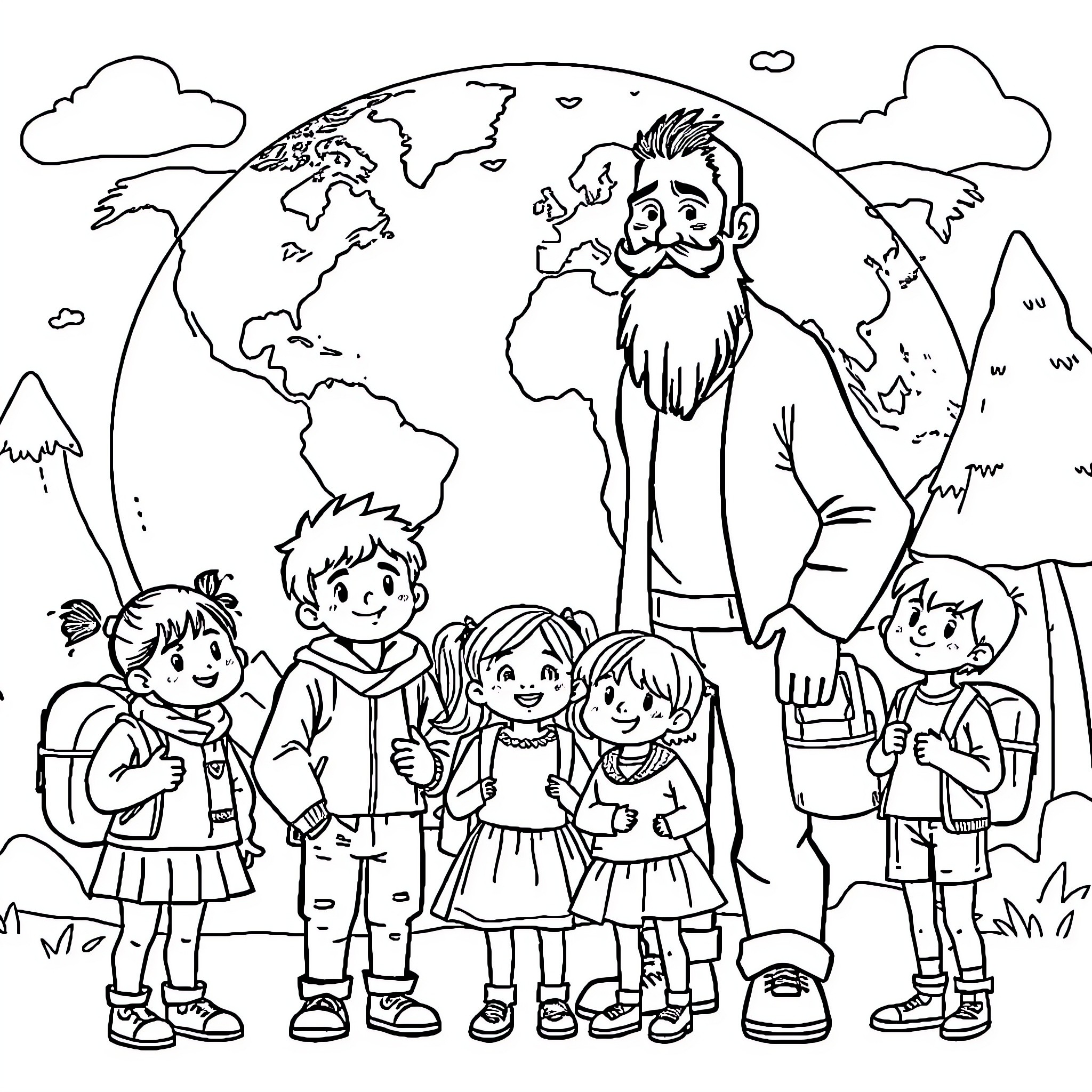 Child with teacher and classmates explore the world map Coloring Page (free black-and-white line drawing printable PDF for all, from beginners to advanced learners, including children, teens, adults, and seniors)