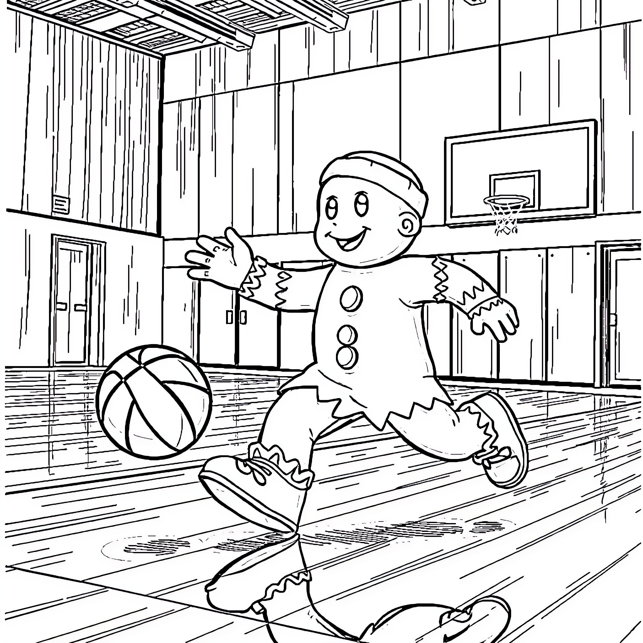 Gingerbreadman playing basketball happily in the gym Coloring Page (free black-and-white line drawing printable PDF for all, from beginners to advanced learners, including children, teens, adults, and seniors)