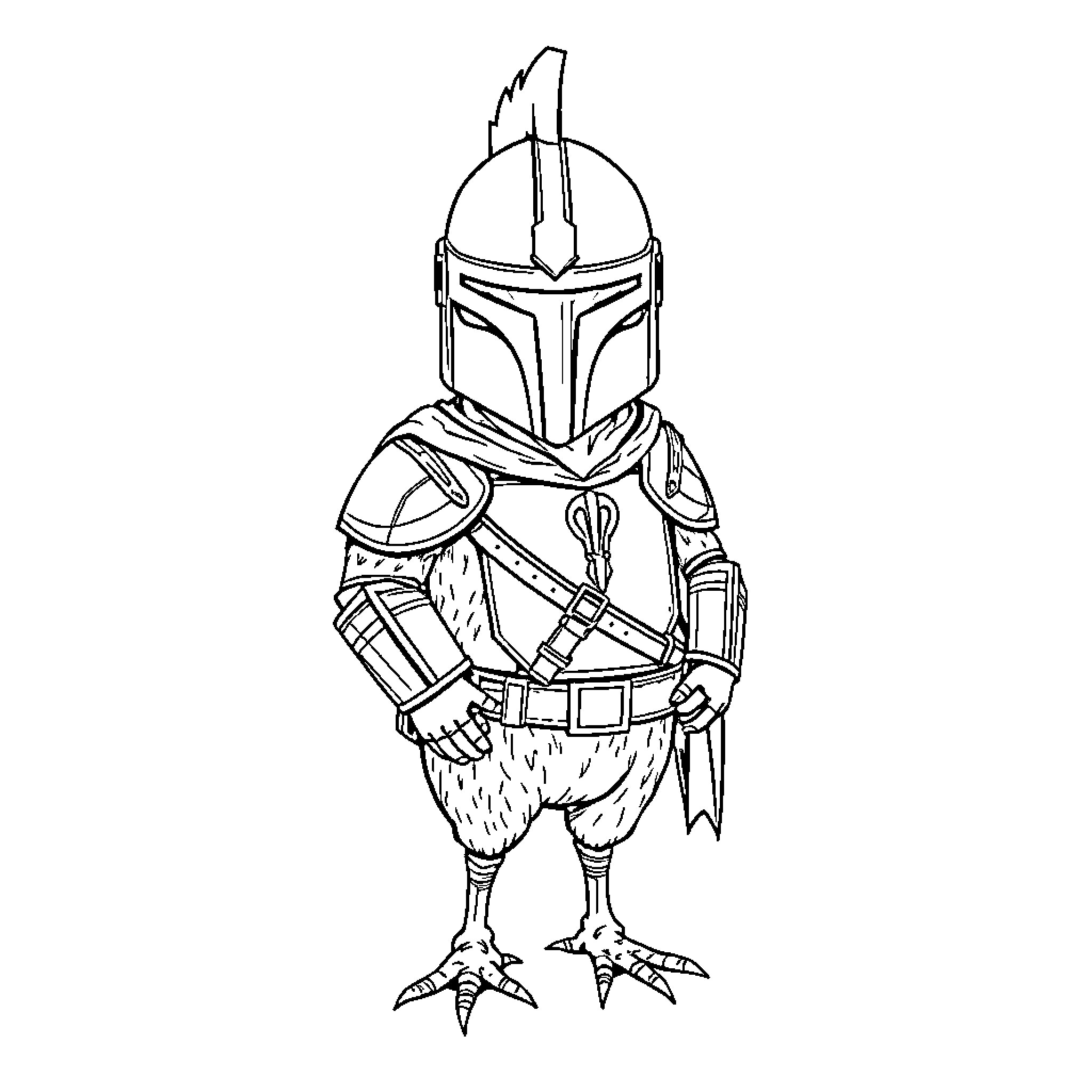 Chicken warrior in protective armor Coloring Page (free black-and-white line drawing printable PDF for all, from beginners to advanced learners, including children, teens, adults, and seniors)