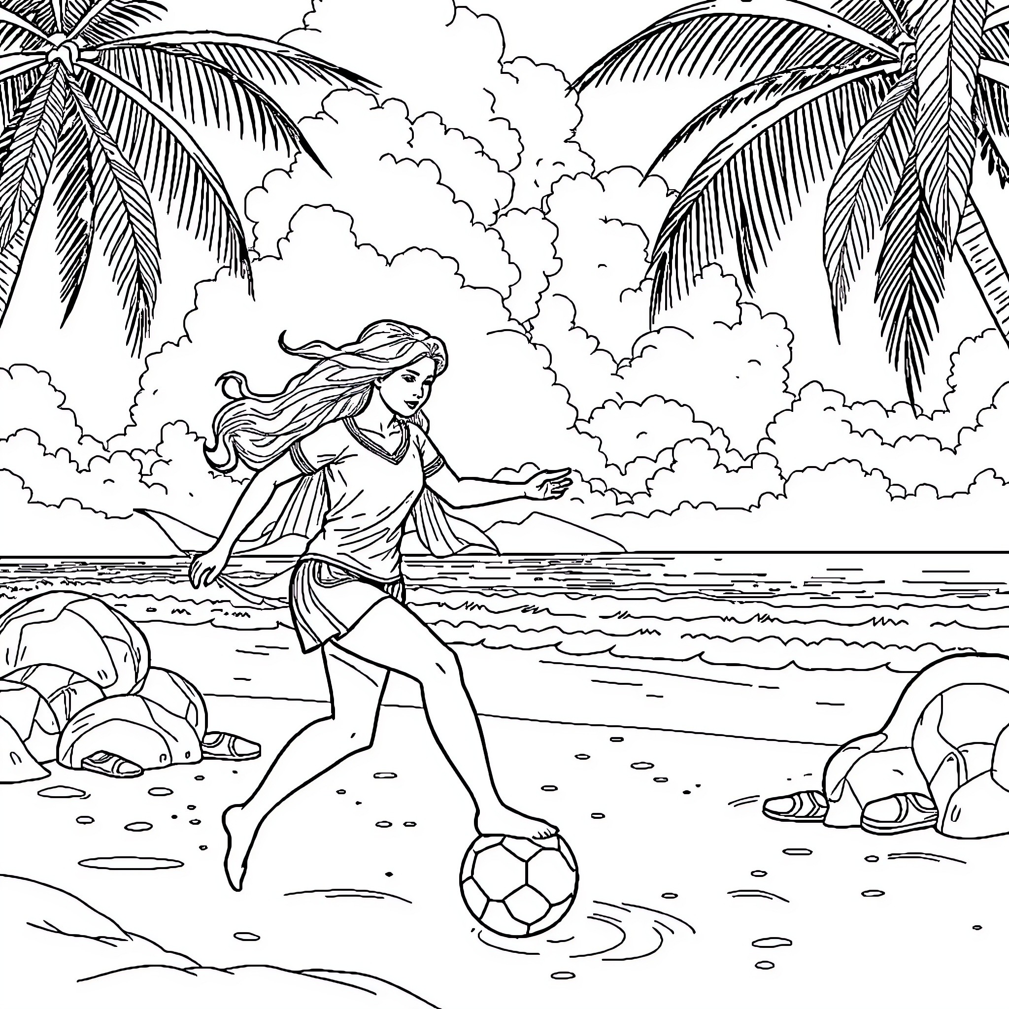 Snow Queen playing soccer on tropical beach Coloring Page (free black-and-white line drawing printable PDF for all, from beginners to advanced learners, including children, teens, adults, and seniors)