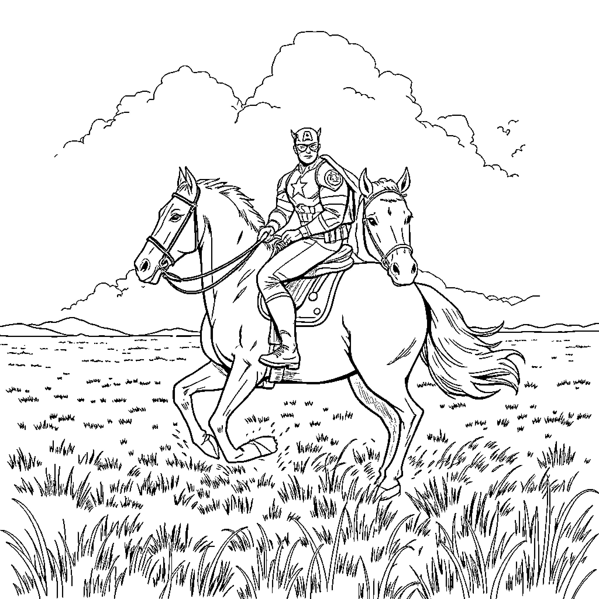 Captain America on horseback in the countryside Coloring Page (free black-and-white line drawing printable PDF for all, from beginners to advanced learners, including children, teens, adults, and seniors)