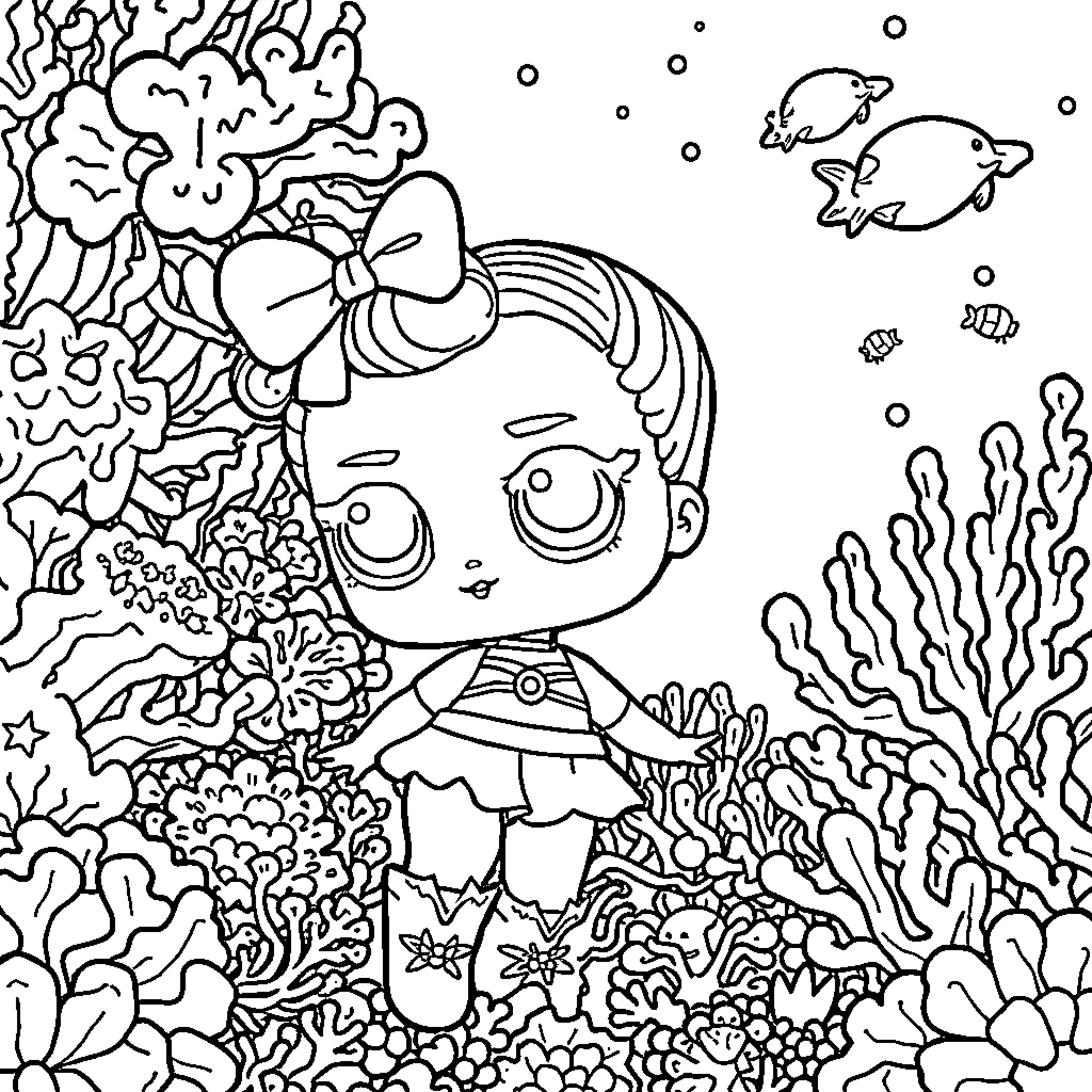 Lol Doll exploring the underwater world Coloring Page (free black-and-white line drawing printable PDF for all, from beginners to advanced learners, including children, teens, adults, and seniors)