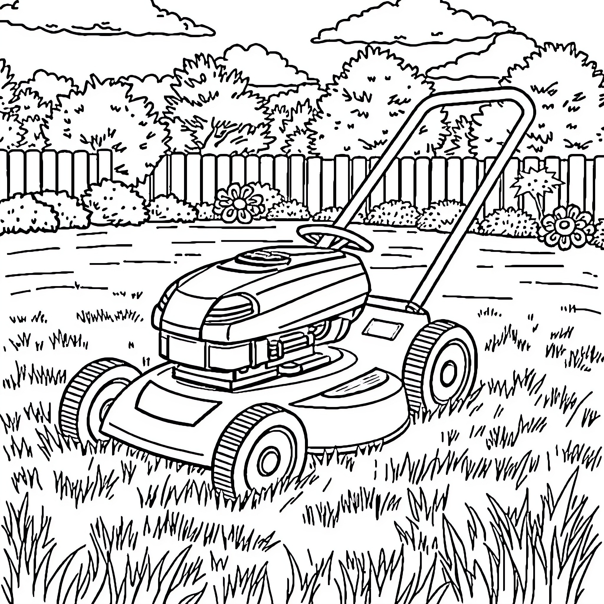 Lawn Mower cutting grass in a backyard Coloring Page (free black-and-white line drawing printable PDF for all, from beginners to advanced learners, including children, teens, adults, and seniors)
