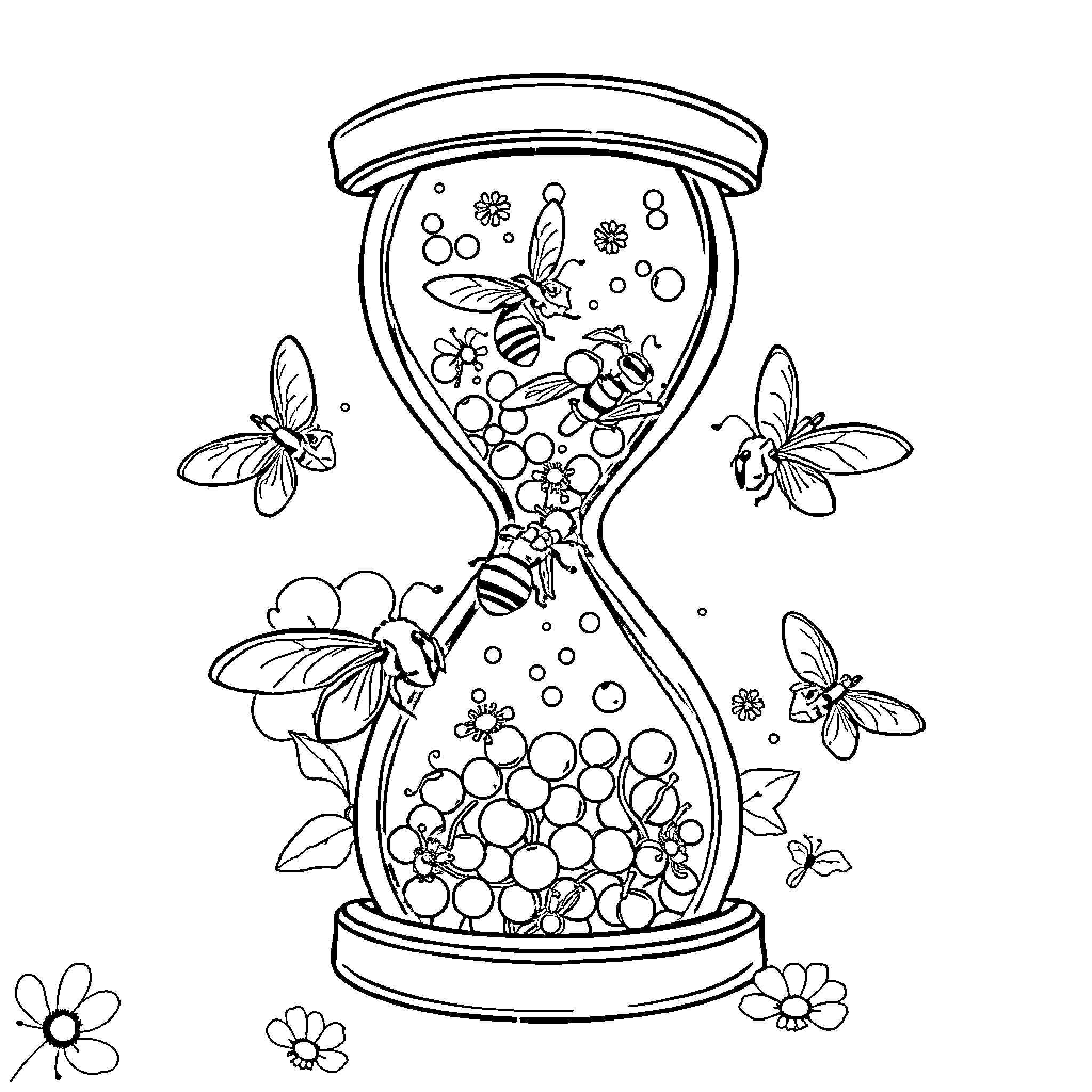Hourglass filled with buzzing bees and flowers Coloring Page (free black-and-white line drawing printable PDF for all, from beginners to advanced learners, including children, teens, adults, and seniors)
