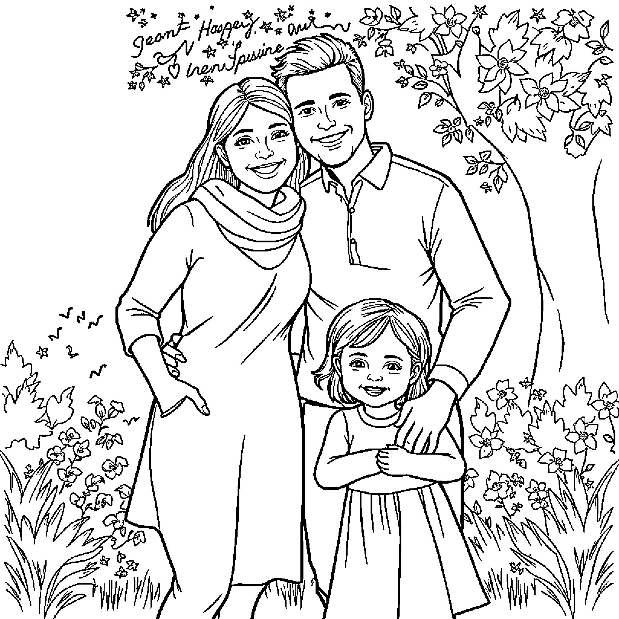 Family enjoying a day in the park Coloring Page (free black-and-white line drawing printable PDF for all, from beginners to advanced learners, including children, teens, adults, and seniors)