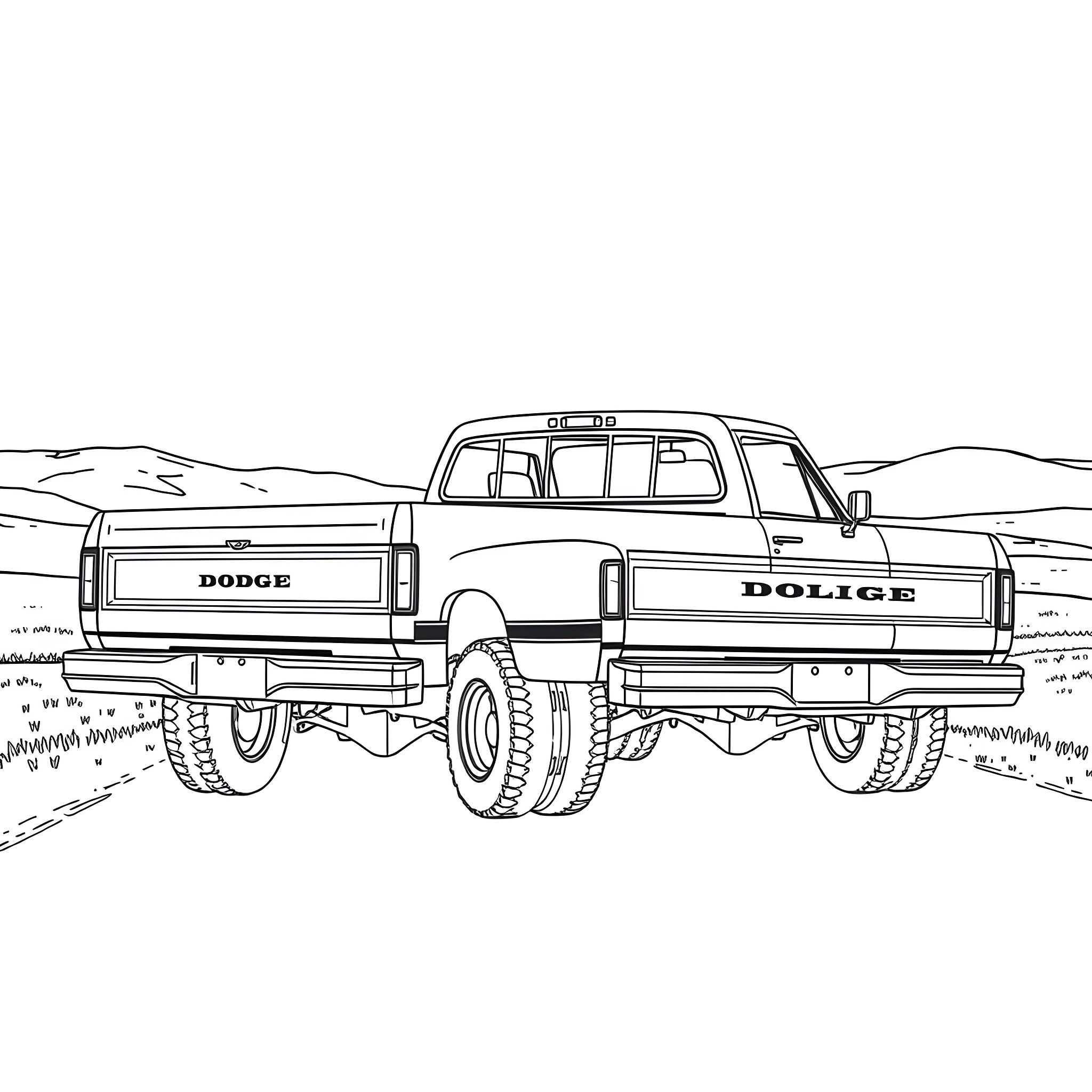 Dodge Police Truck in Rugged Outdoor Scene Coloring Page (free black-and-white line drawing printable PDF for all, from beginners to advanced learners, including children, teens, adults, and seniors)