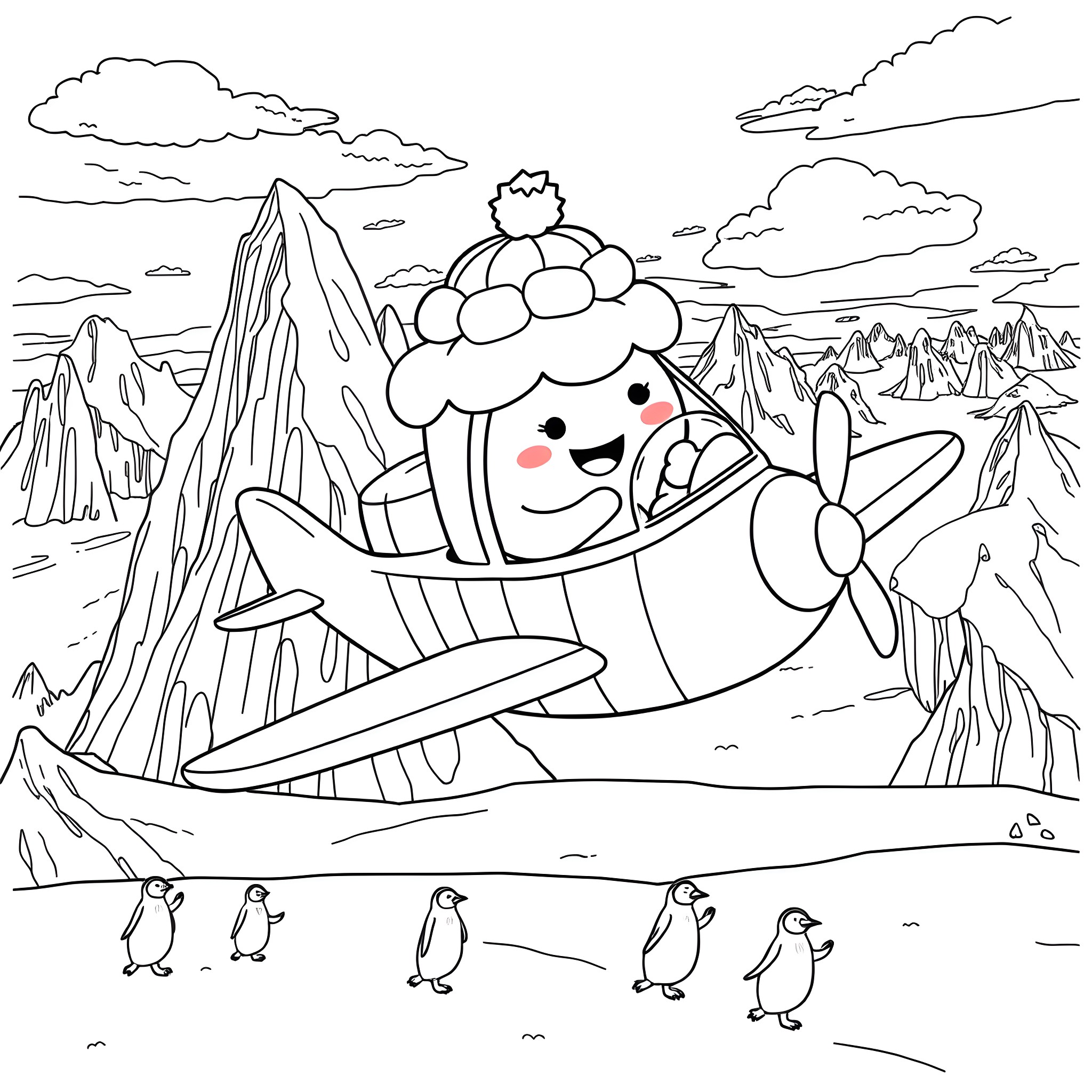 Cocomelon character flying a plane over snowy mountains Coloring Page (free black-and-white line drawing printable PDF for all, from beginners to advanced learners, including children, teens, adults, and seniors)
