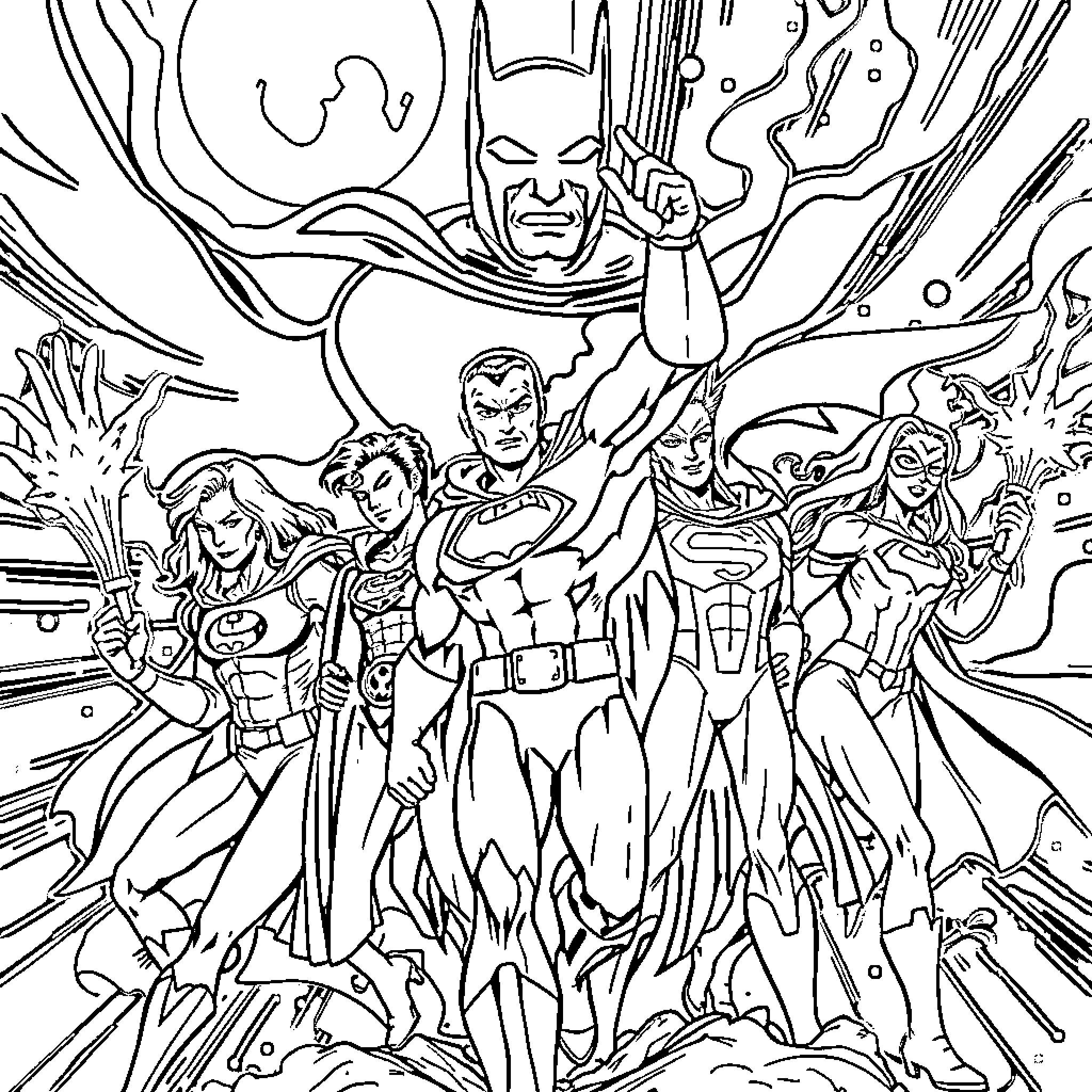 DC Comic heroes in action-packed scene Coloring Page (free black-and-white line drawing printable PDF for all, from beginners to advanced learners, including children, teens, adults, and seniors)