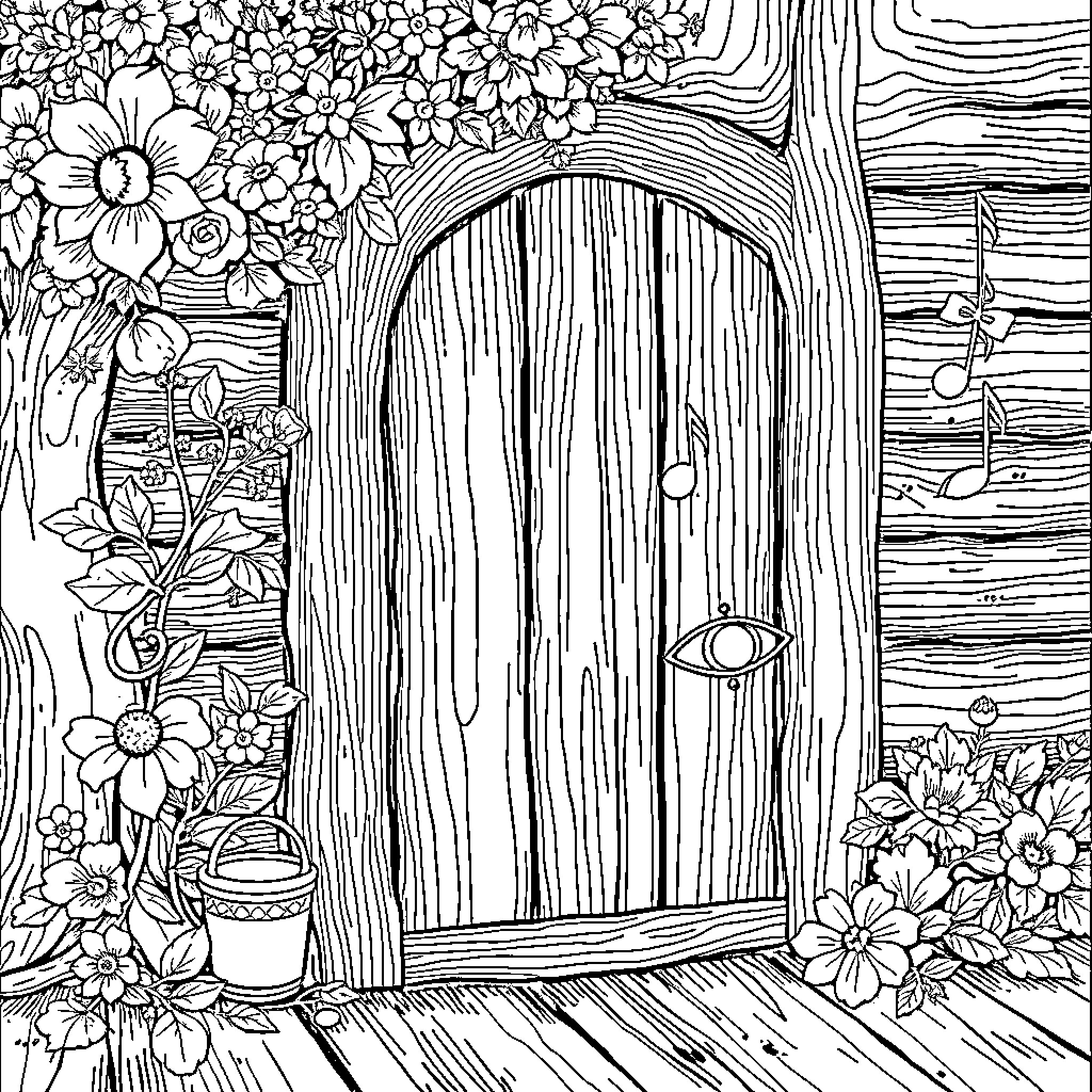 Music Staff Adorned with Whimsical Floral Decor Coloring Page (free black-and-white line drawing printable PDF for all, from beginners to advanced learners, including children, teens, adults, and seniors)