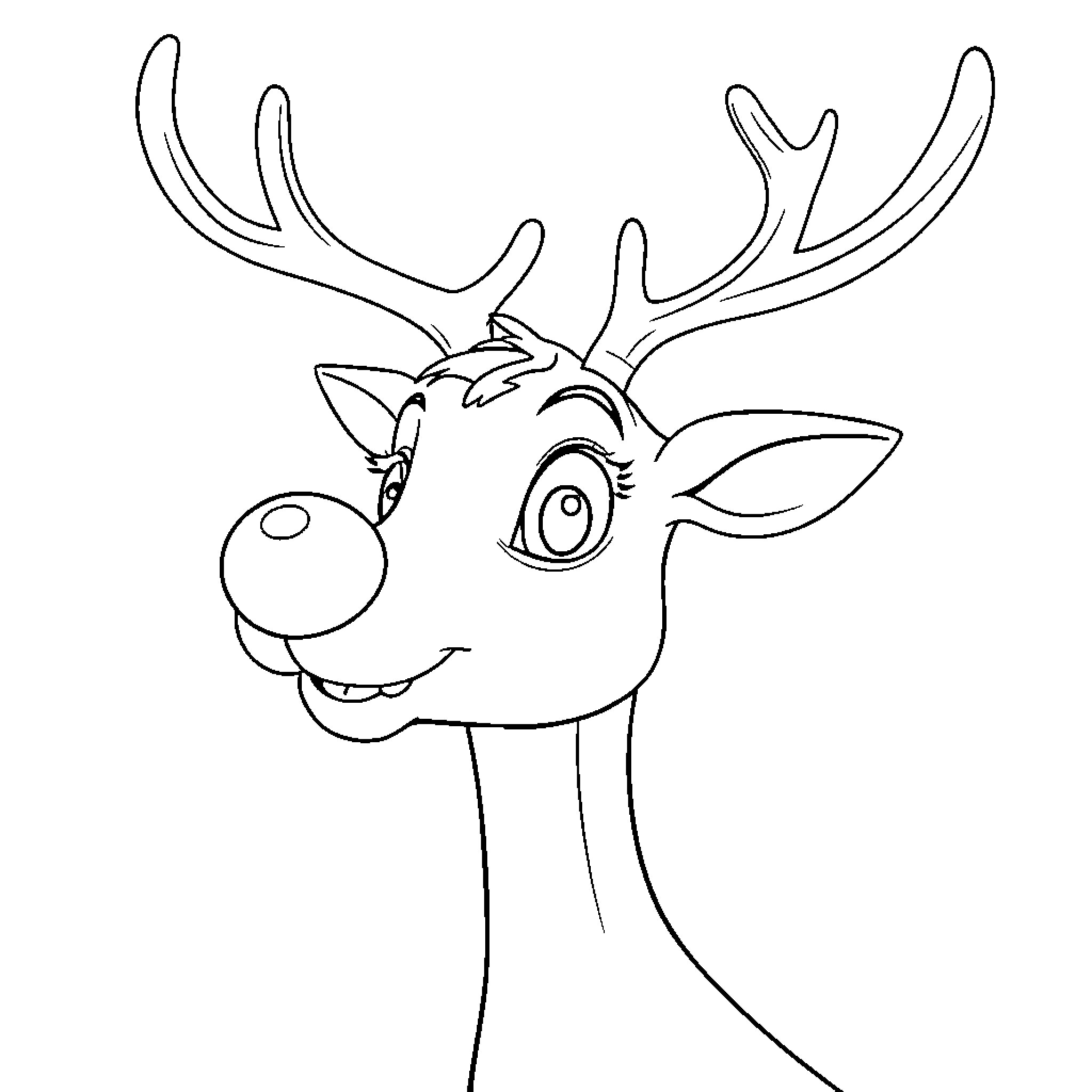 Rudolph the Smiling Reindeer Coloring Page (free black-and-white line drawing printable PDF for all, from beginners to advanced learners, including children, teens, adults, and seniors)