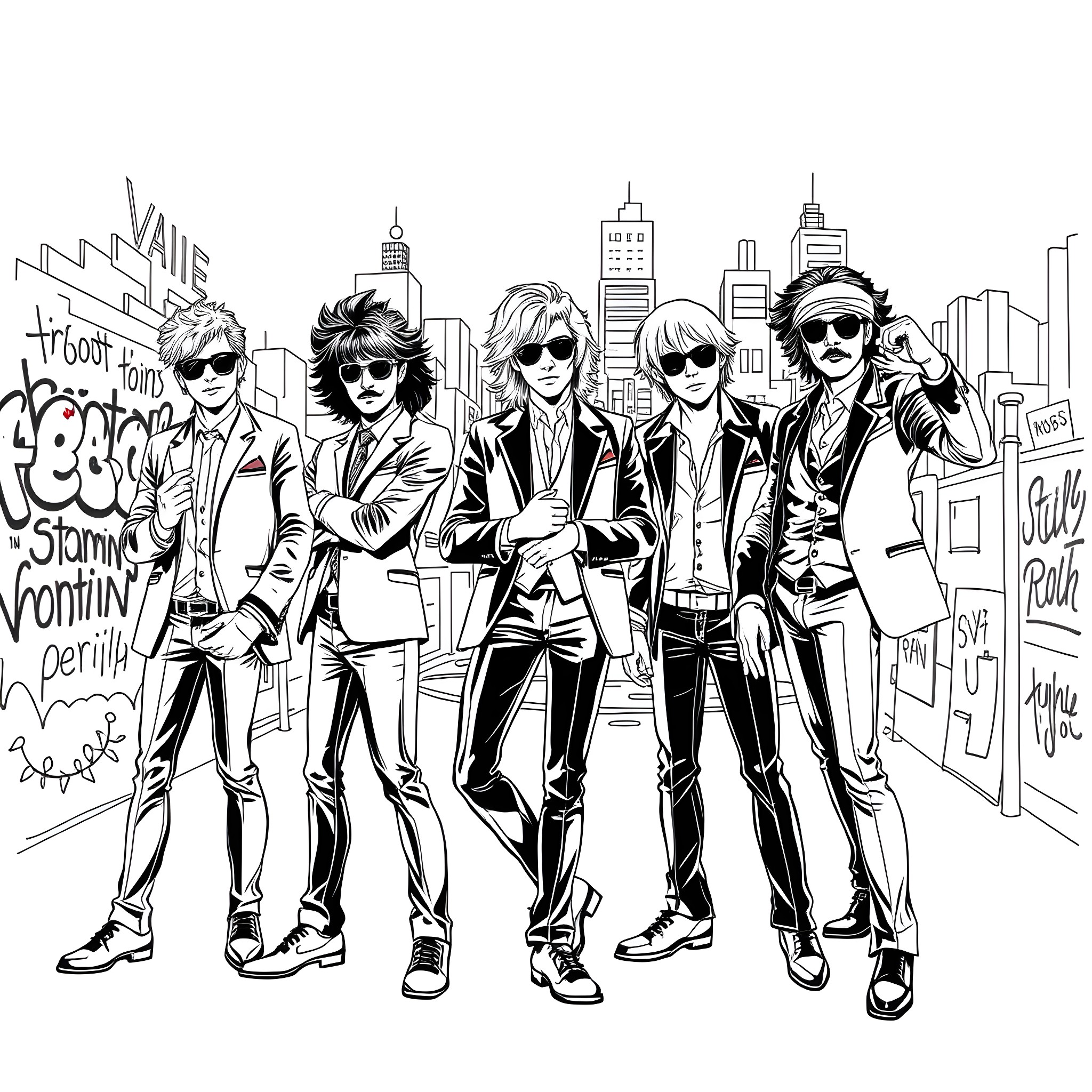 Rock Musicians Posing Confidently in Urban Setting Coloring Page (free black-and-white line drawing printable PDF for all, from beginners to advanced learners, including children, teens, adults, and seniors)