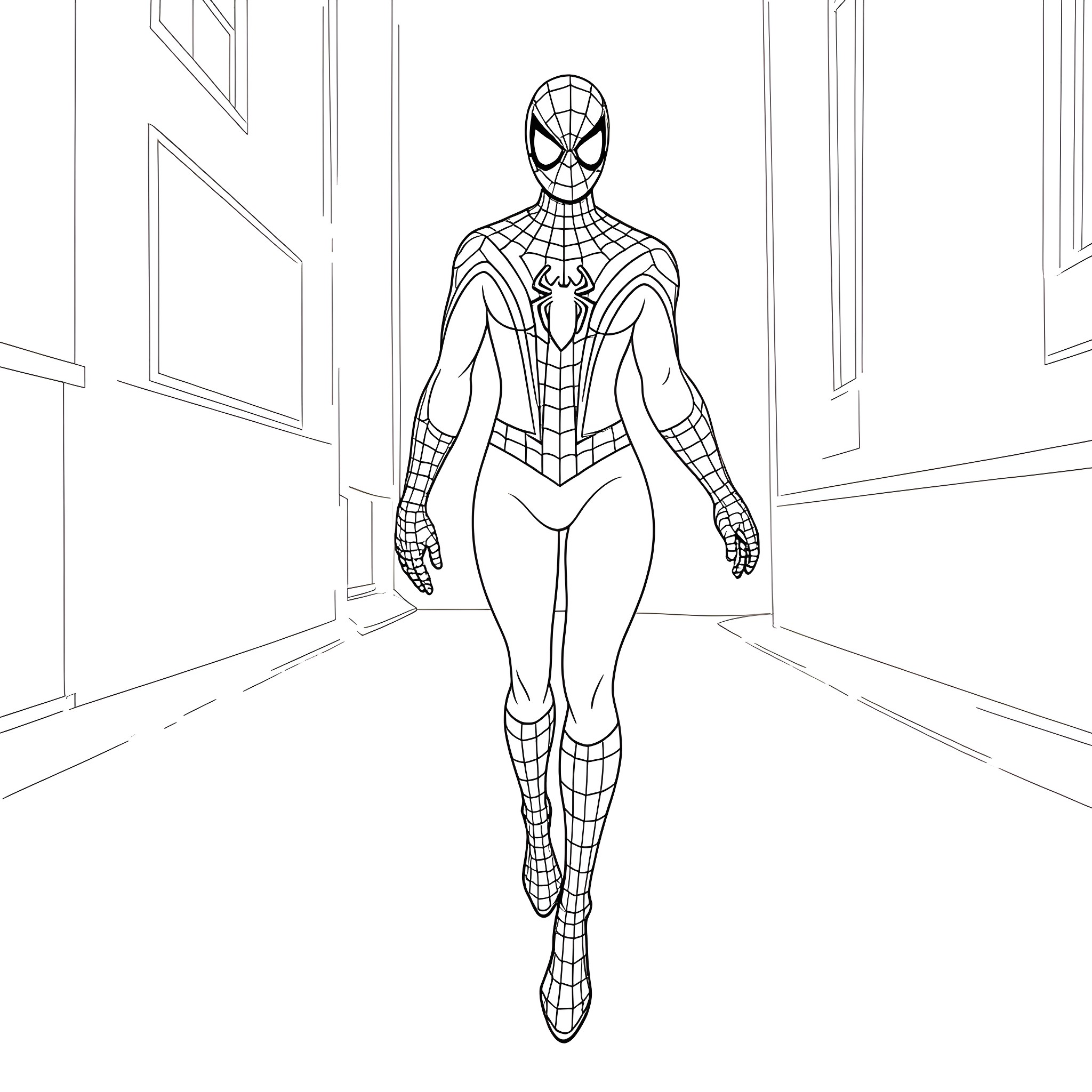 Spiderman in action pose in a hallway Coloring Page (free black-and-white line drawing printable PDF for all, from beginners to advanced learners, including children, teens, adults, and seniors)