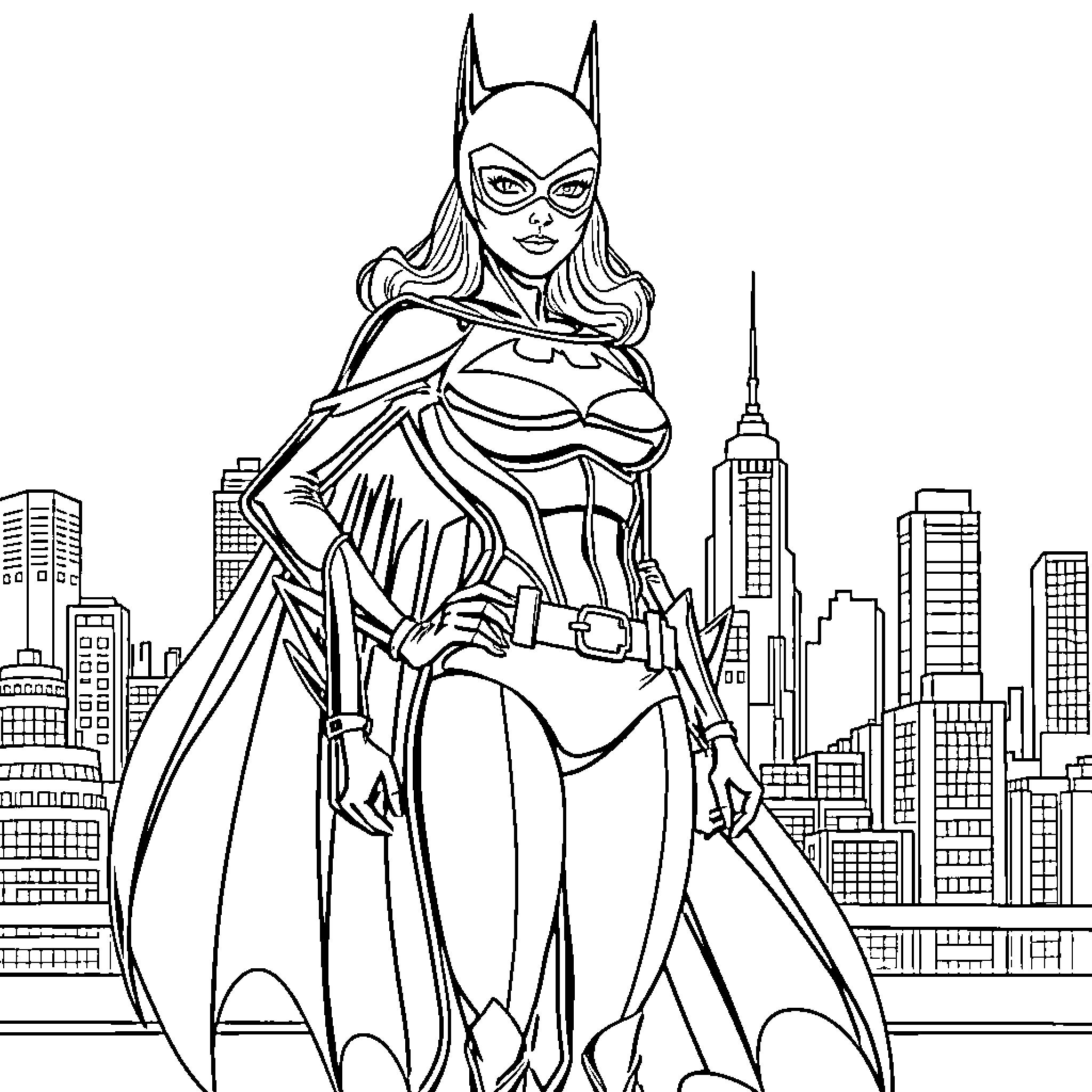 Batwoman taking action in the city skyline Coloring Page (free black-and-white line drawing printable PDF for all, from beginners to advanced learners, including children, teens, adults, and seniors)