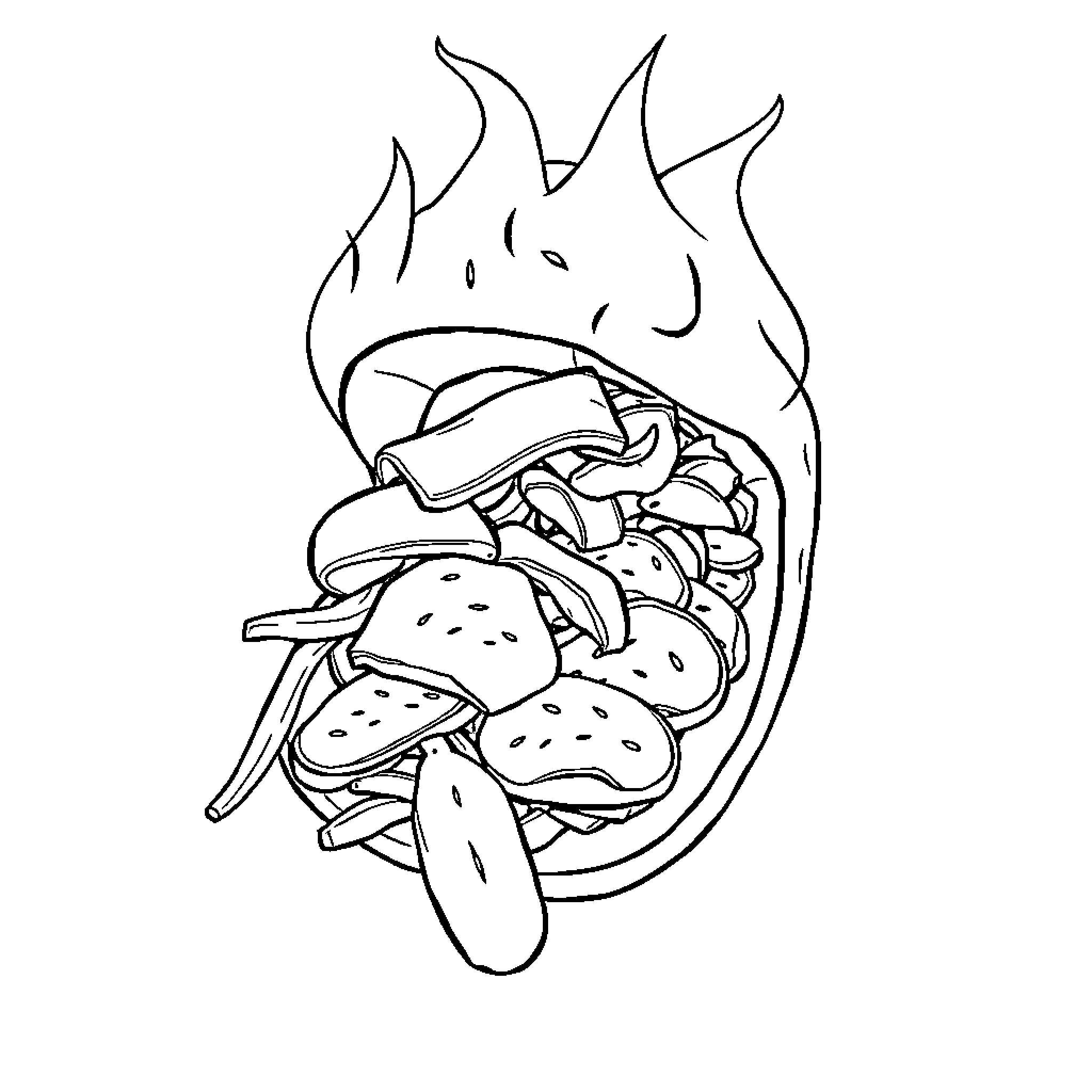 Döner with Flaming Grill and Delectable Ingredients Coloring Page (free black-and-white line drawing printable PDF for all, from beginners to advanced learners, including children, teens, adults, and seniors)