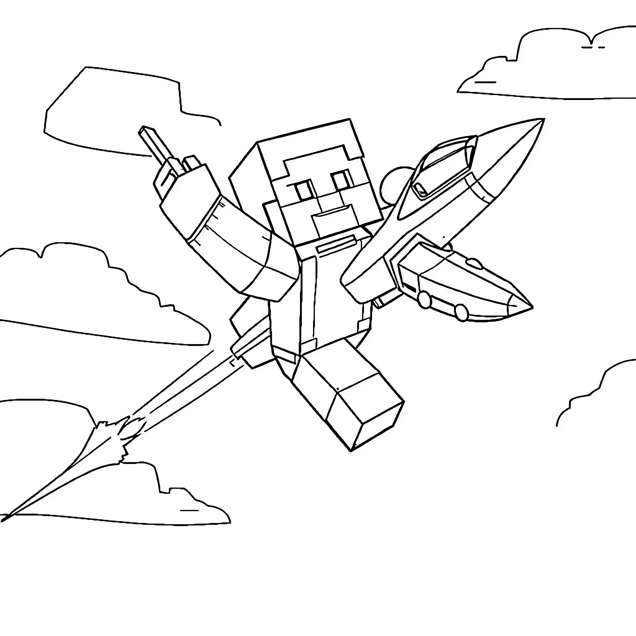 Minecraft character flying with jetpack in the sky Coloring Page (free black-and-white line drawing printable PDF for all, from beginners to advanced learners, including children, teens, adults, and seniors)
