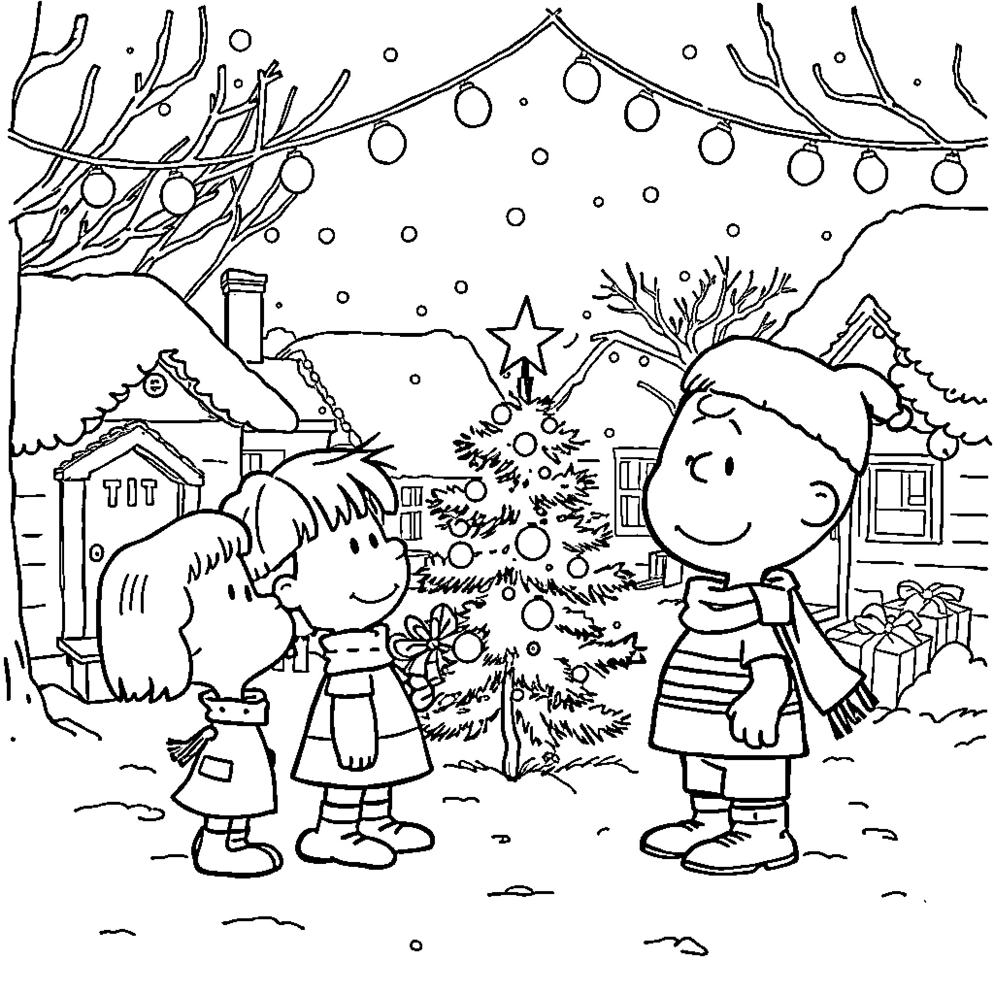 Charlie Brown and friends decorating for the holidays Coloring Page (free black-and-white line drawing printable PDF for all, from beginners to advanced learners, including children, teens, adults, and seniors)