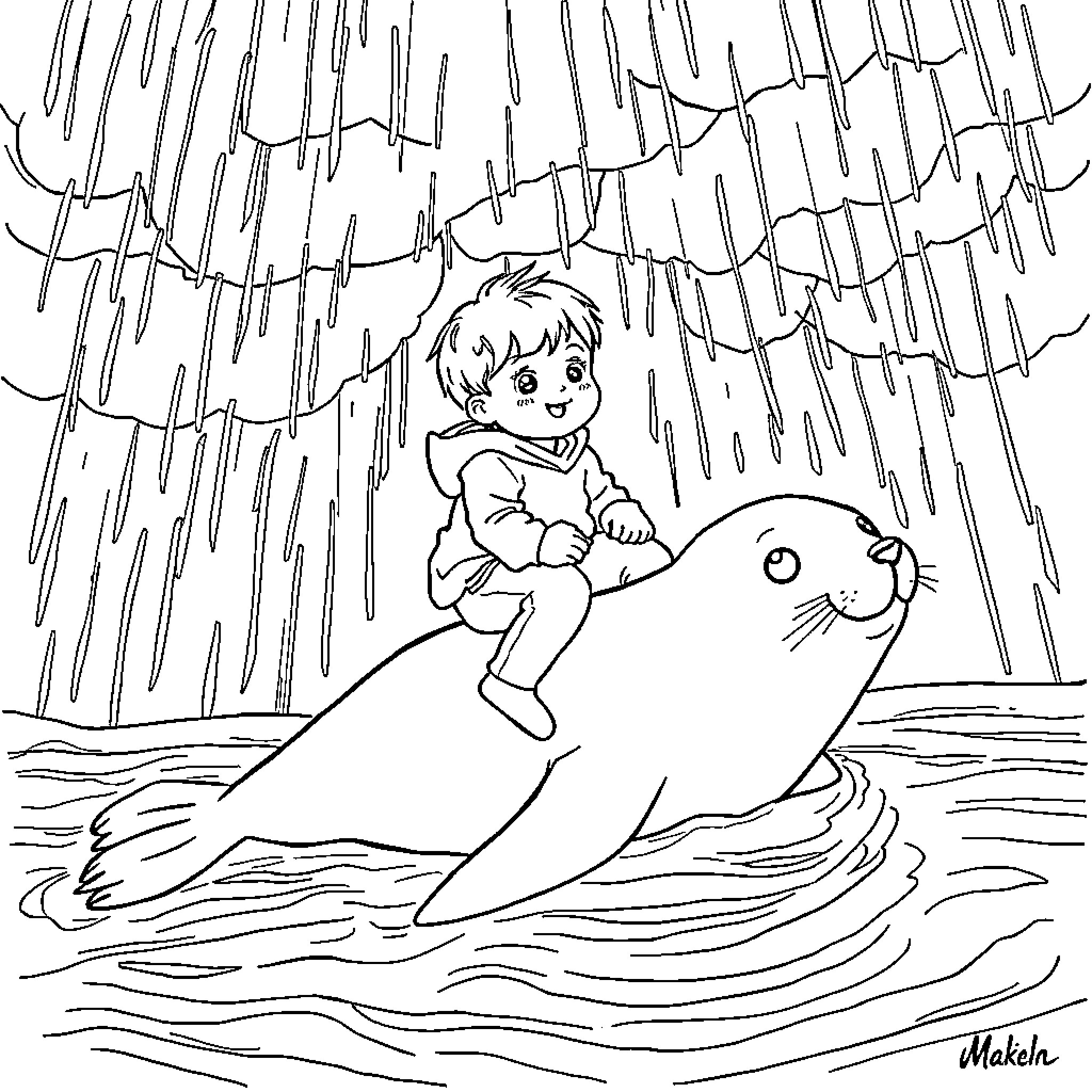 Seal playing with a boy in the rain Coloring Page (free black-and-white line drawing printable PDF for all, from beginners to advanced learners, including children, teens, adults, and seniors)