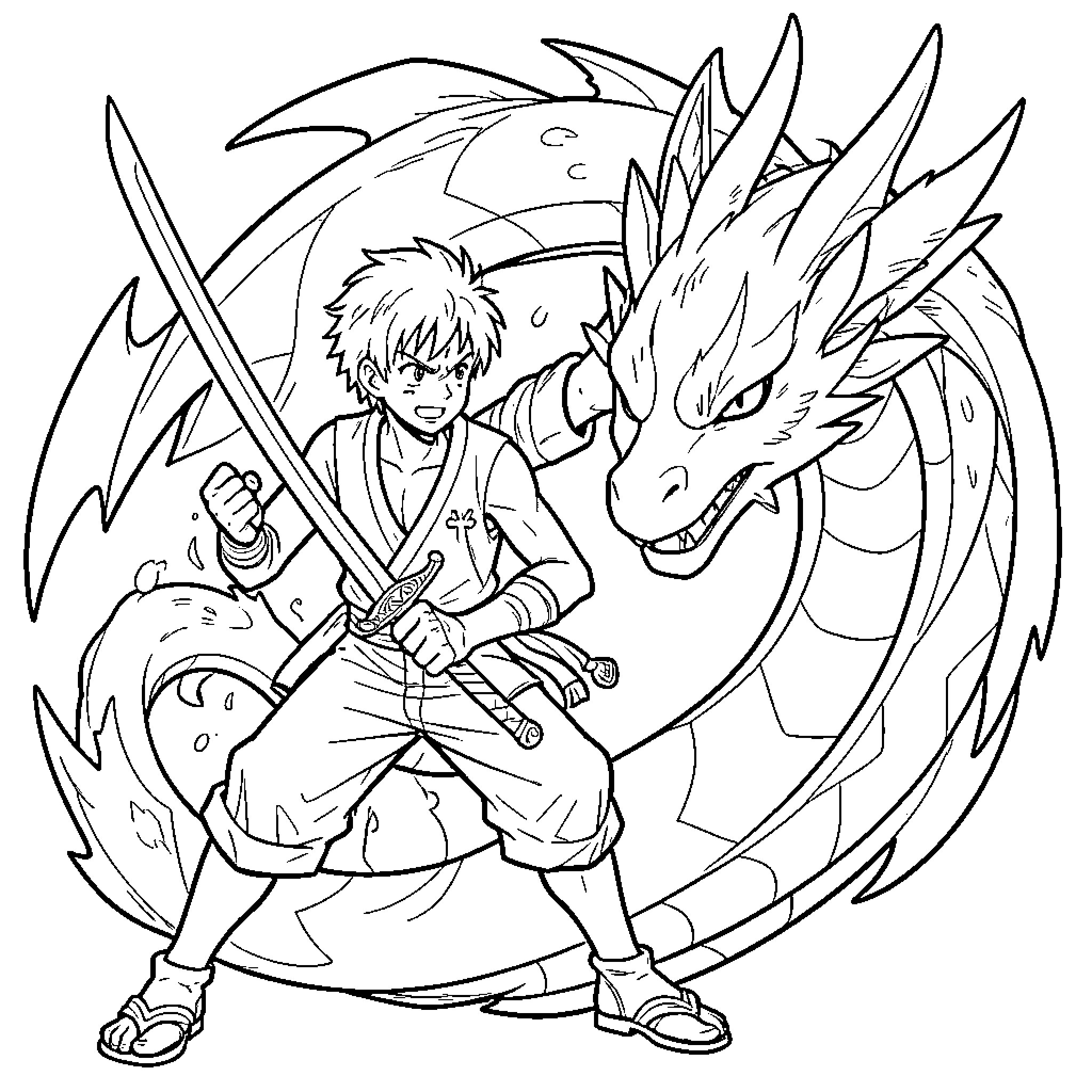 Zoro wielding a sword alongside a powerful dragon Coloring Page (free black-and-white line drawing printable PDF for all, from beginners to advanced learners, including children, teens, adults, and seniors)