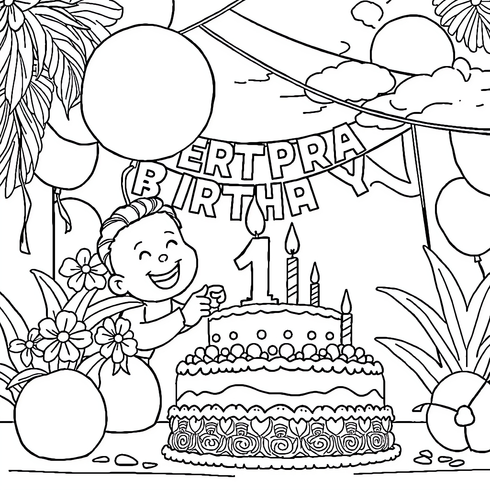 Birthday party with cake and balloons Coloring Page (free black-and-white line drawing printable PDF for all, from beginners to advanced learners, including children, teens, adults, and seniors)