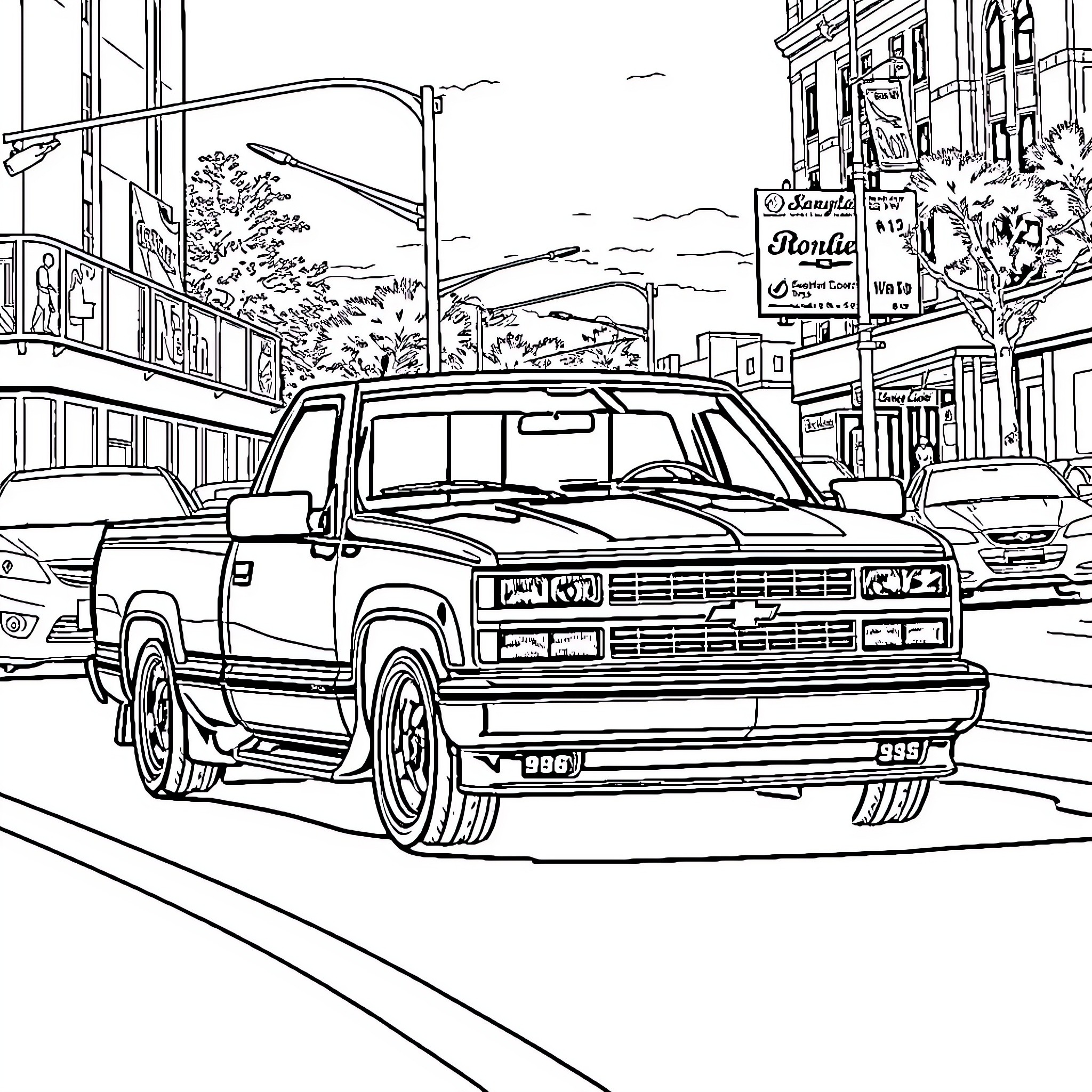 Chevy SS Truck parked on busy city street Coloring Page (free black-and-white line drawing printable PDF for all, from beginners to advanced learners, including children, teens, adults, and seniors)