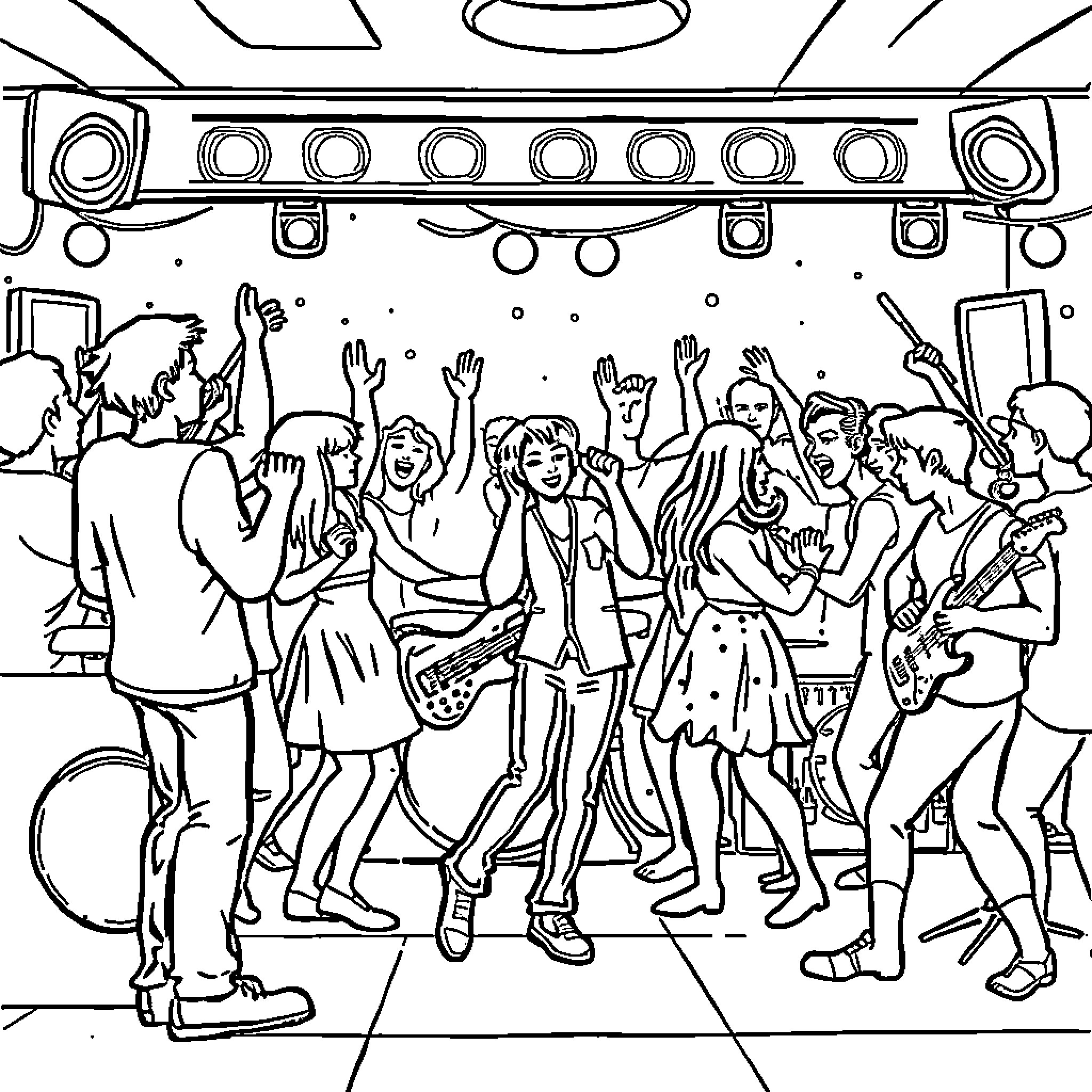 Pop Party Scene with Energetic Crowd Coloring Page (free black-and-white line drawing printable PDF for all, from beginners to advanced learners, including children, teens, adults, and seniors)