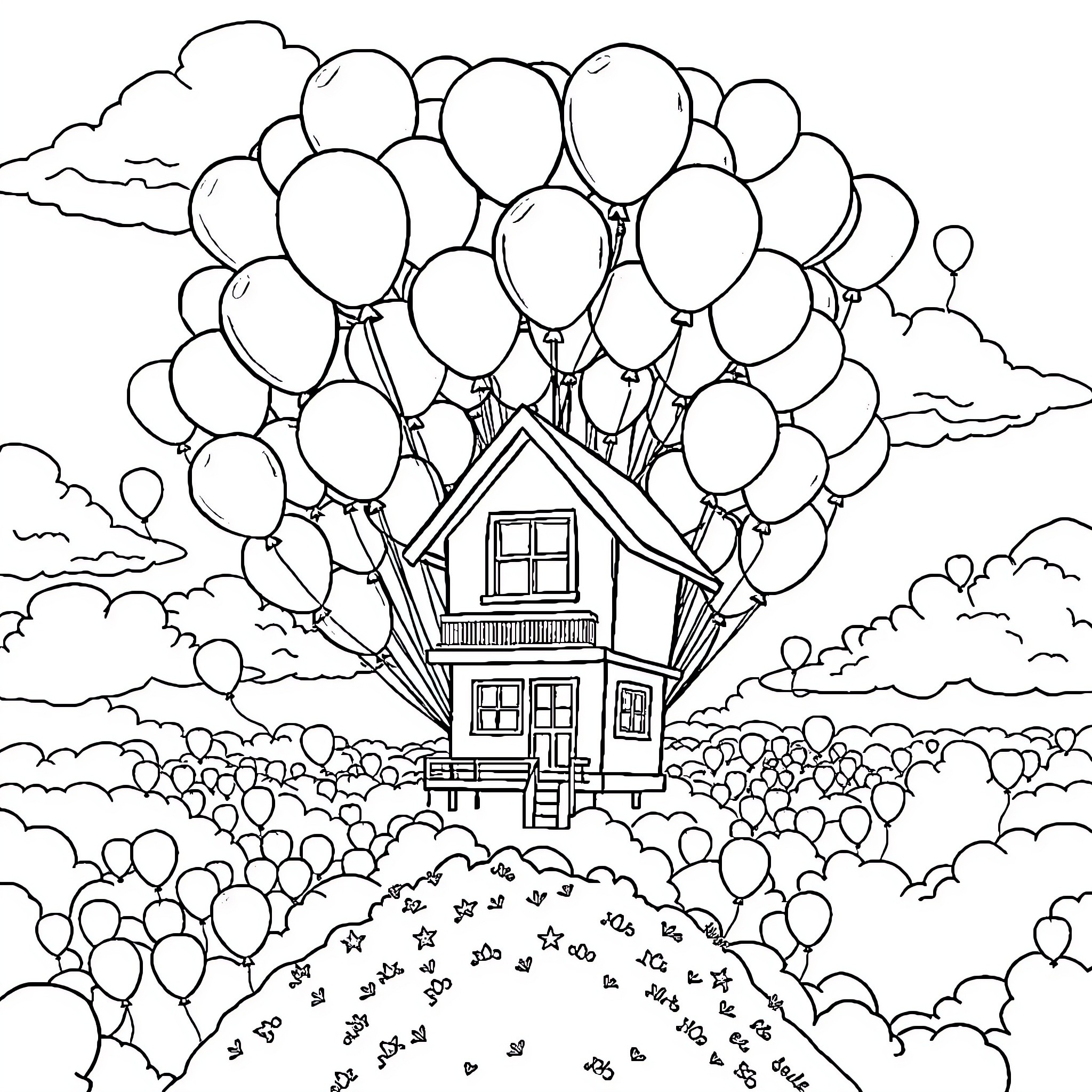 House surrounded by floating balloons in a scenic landscape Coloring Page (free black-and-white line drawing printable PDF for all, from beginners to advanced learners, including children, teens, adults, and seniors)