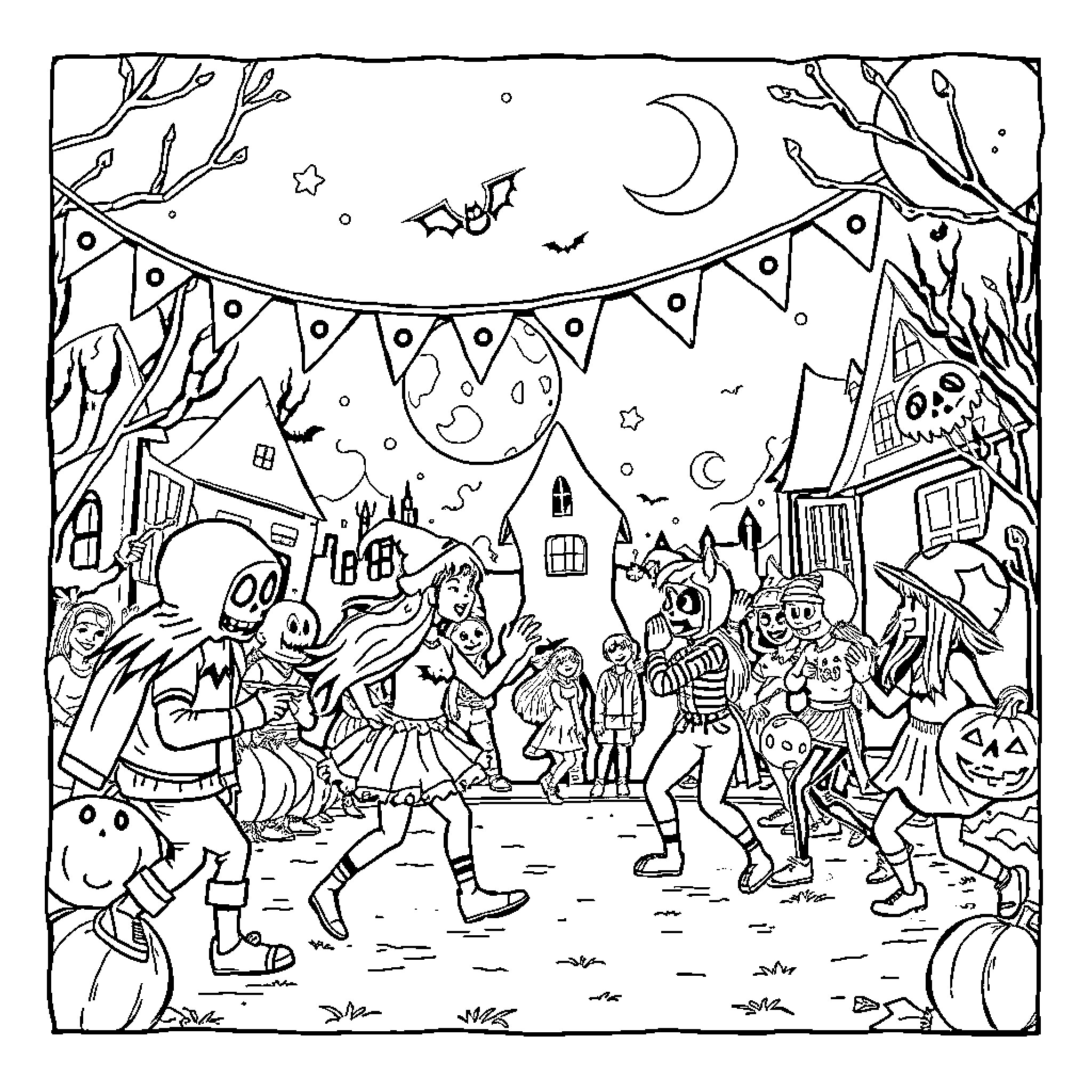 Halloween costume party in the moonlit town Coloring Page (free black-and-white line drawing printable PDF for all, from beginners to advanced learners, including children, teens, adults, and seniors)