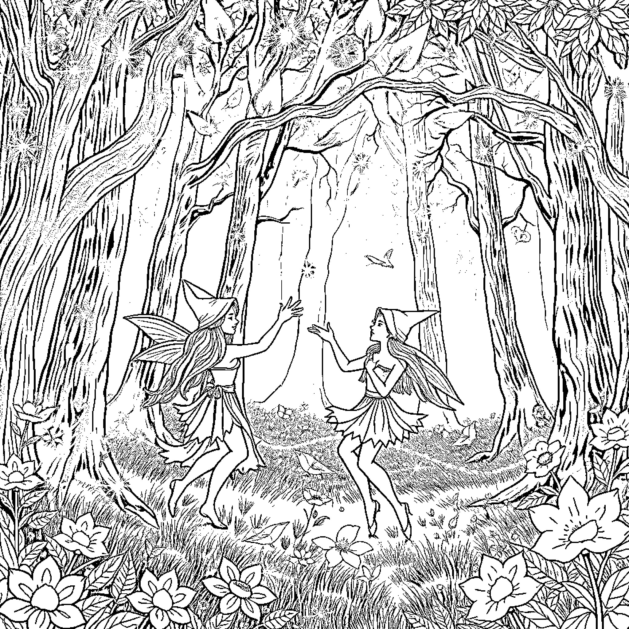 Elf fairies dancing in magical forest Coloring Page (free black-and-white line drawing printable PDF for all, from beginners to advanced learners, including children, teens, adults, and seniors)